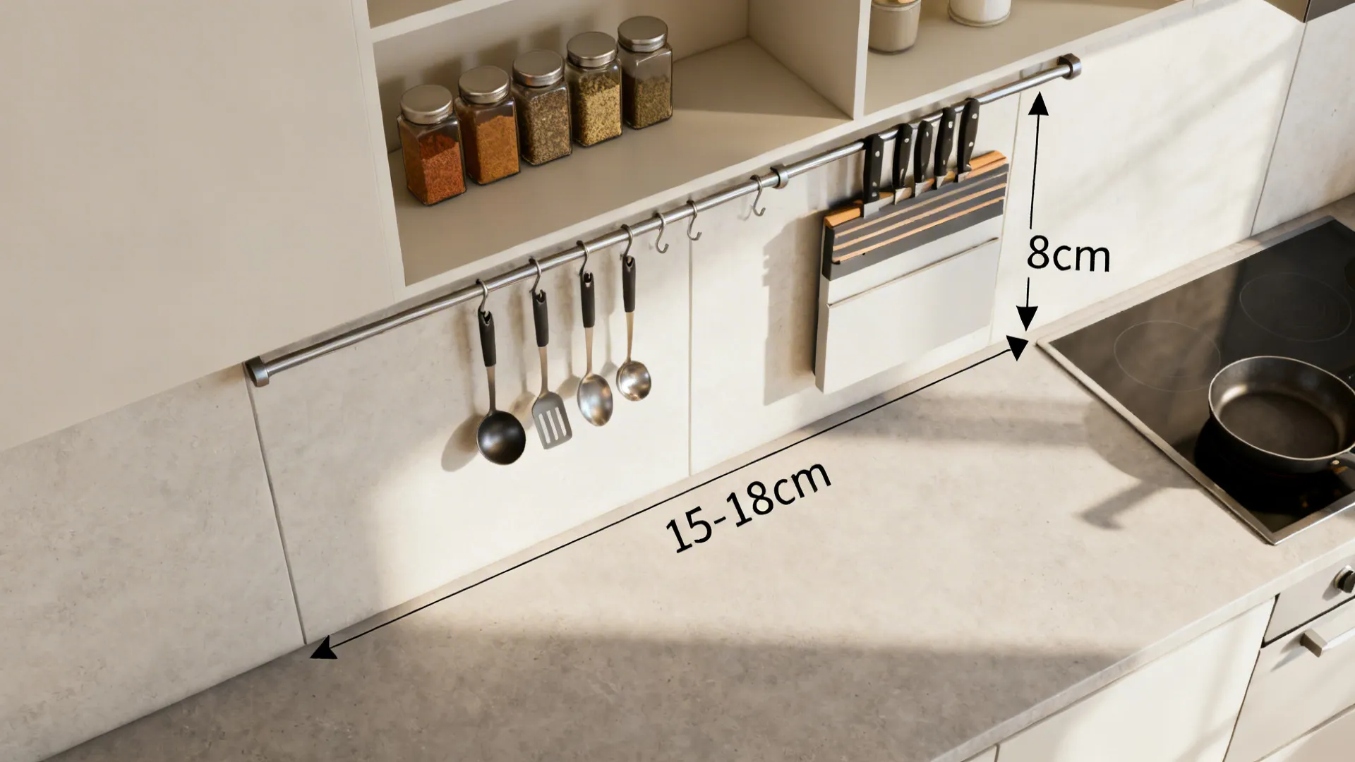 Top-down view illustrating the spacing between a shallow shelf and rail with hooks.
