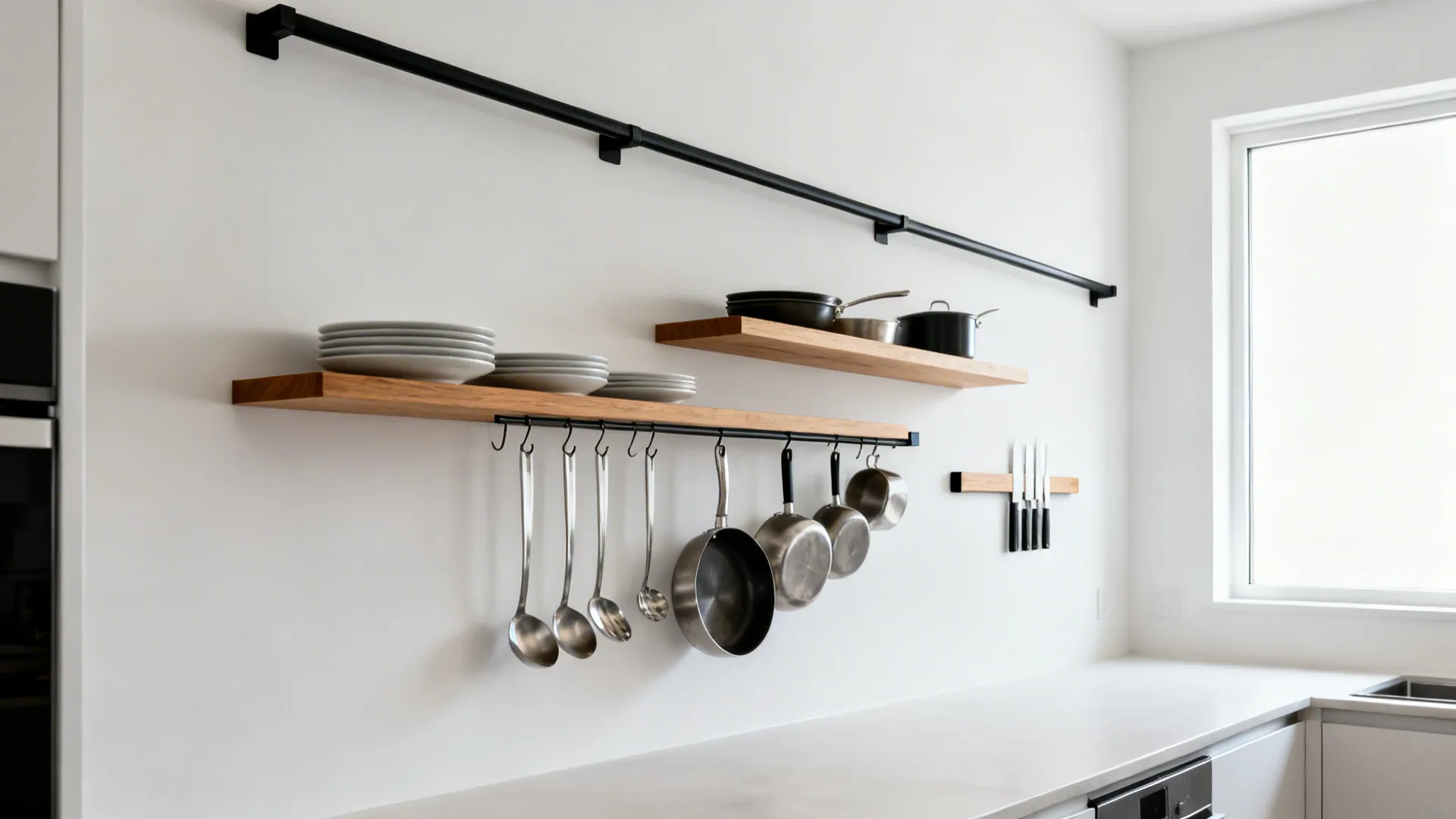 Slim oak floating shelves with a black rail system on a white wall in a compact galley kitchen.