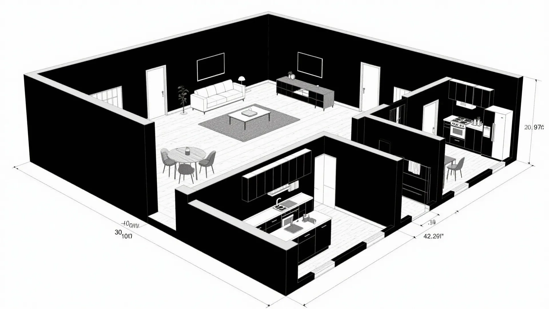 Top-down CAD plan with parallel public and private rails connected by corridors