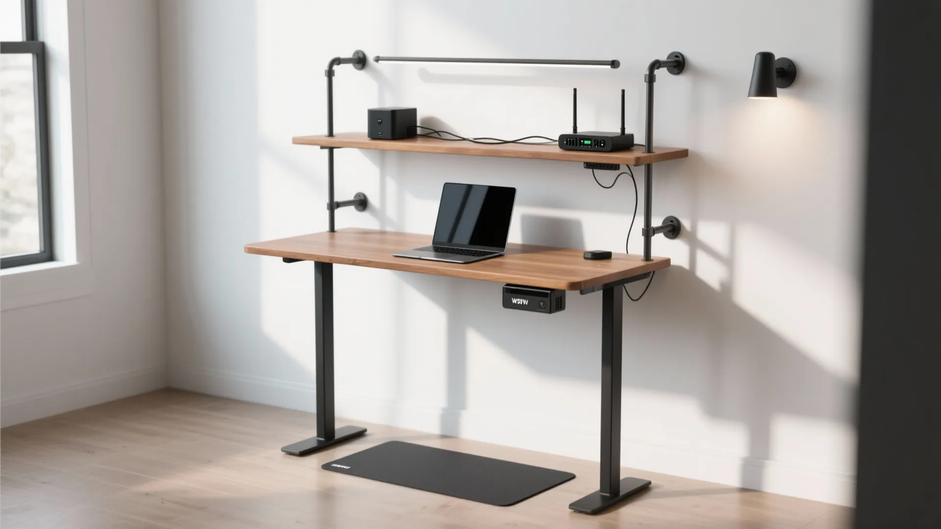Adjustable standing desk with laptop and industrial pipe shelving unit against a bright white wall
