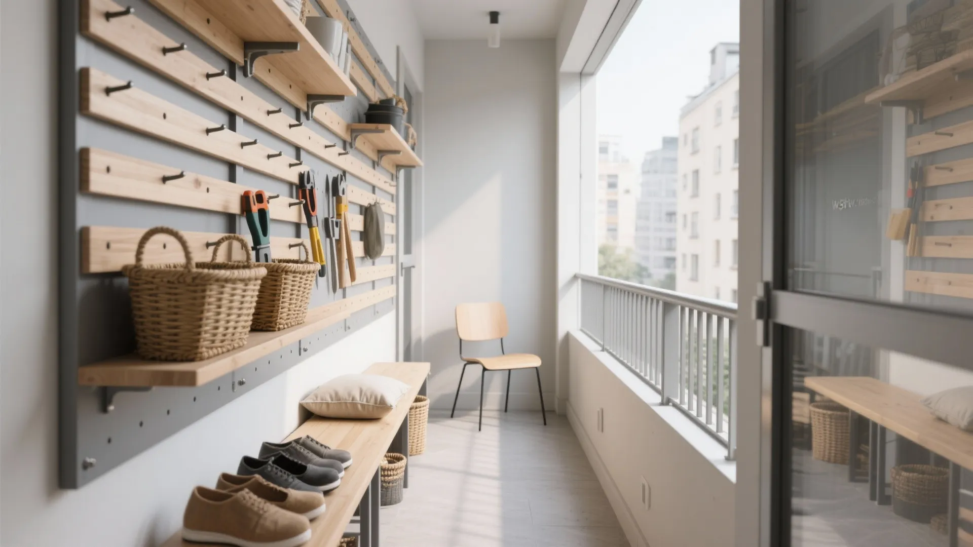 1) Minimalist Rail-to-Ceiling Storage Wall