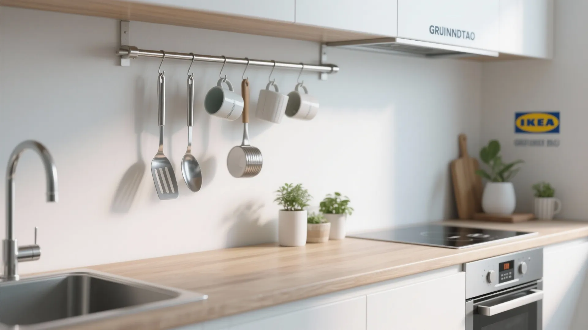 Modern white kitchen with metal wall rail hanging cups and tools over a wood countertop