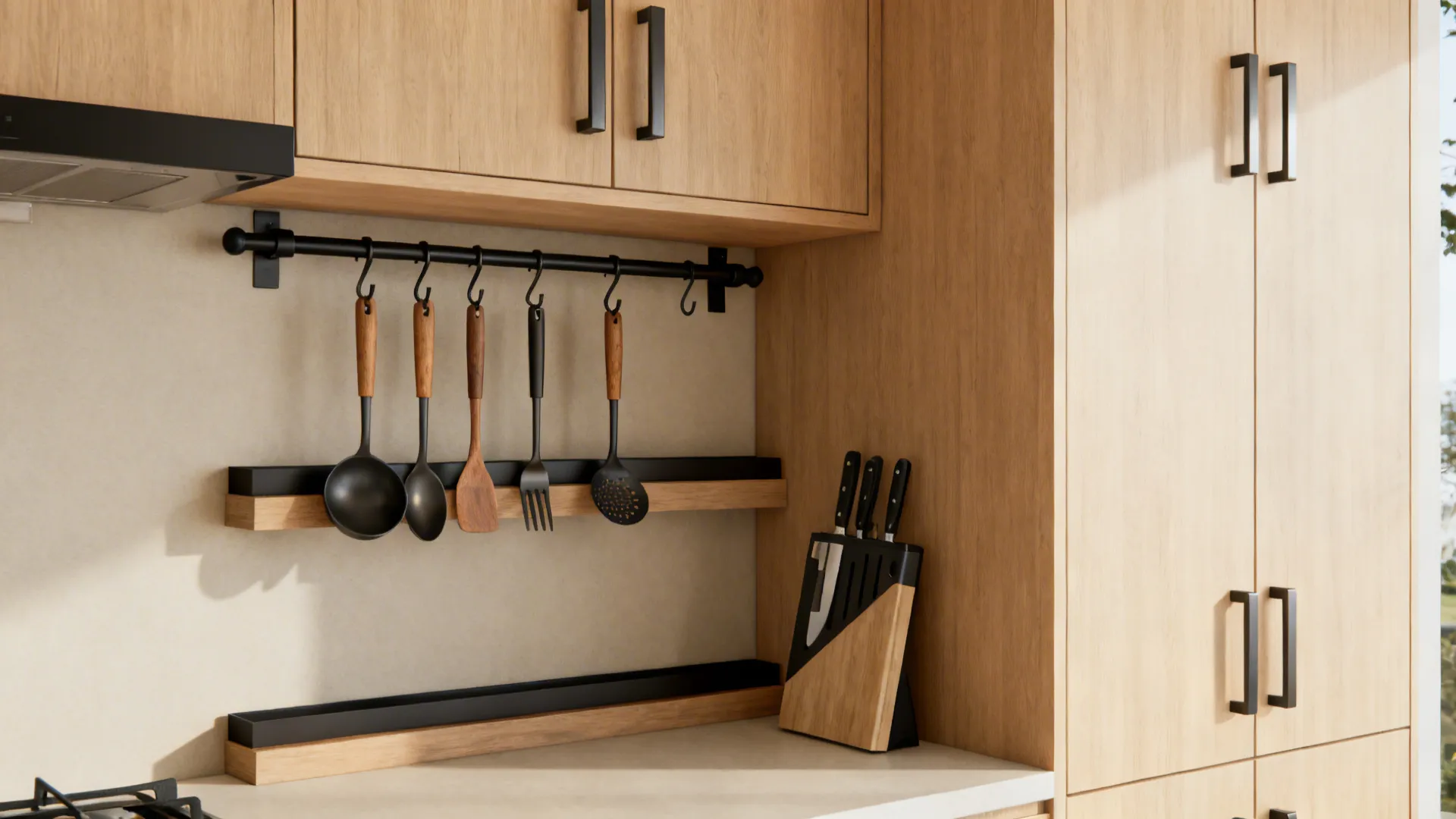 Blackened steel rail and magnetic knife strip with curated utensils on a modern kitchen wall.