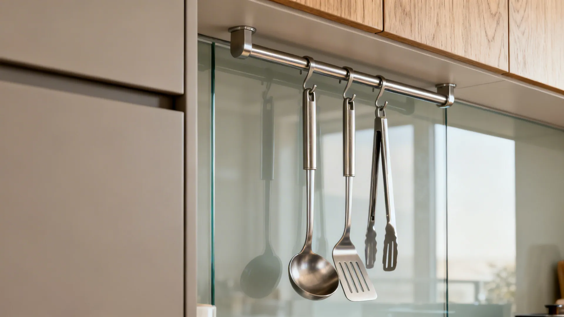 Macro of a brushed steel kitchen rail above a glass backsplash with neatly hung tools.