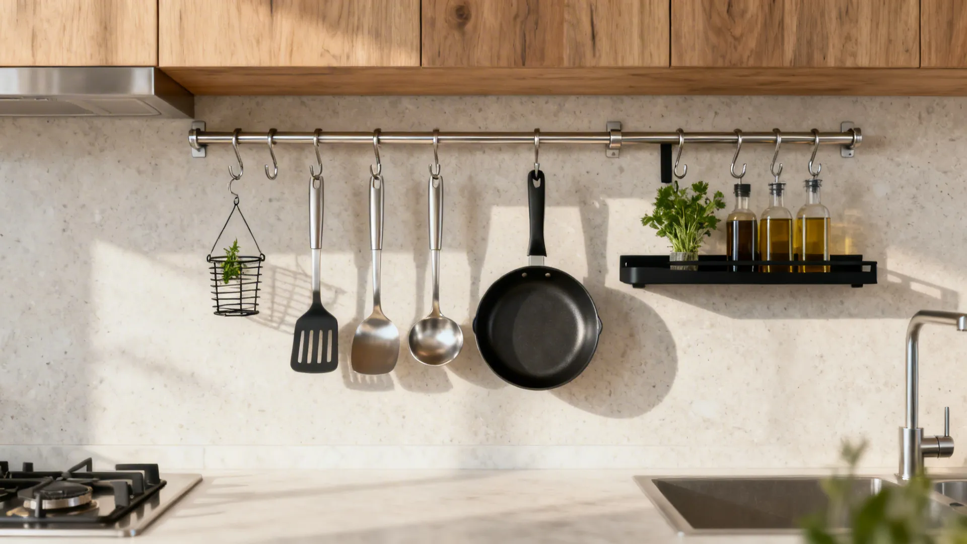 Stainless rail system with hooks and a slim shelf organizing utensils and herbs above a compact kitchen counter.