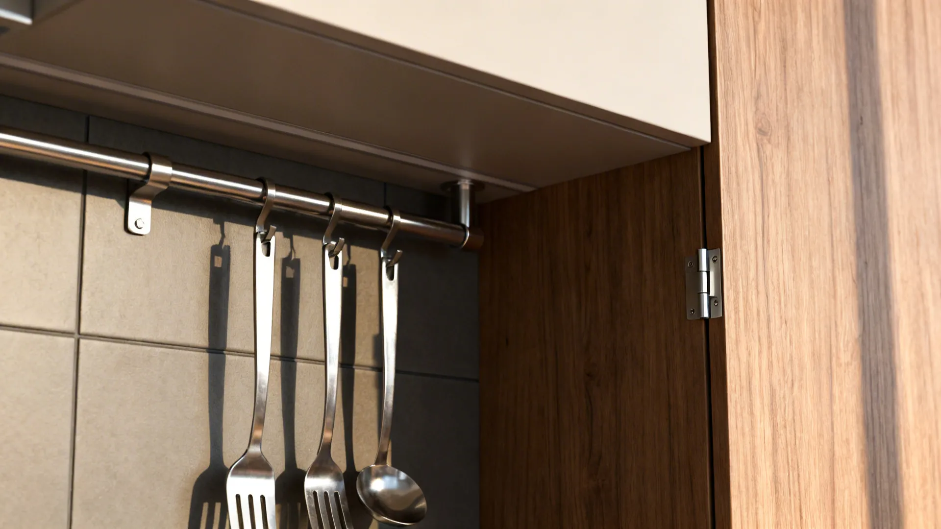 Macro view of a brushed metal kitchen rail with hanging utensils near a tall cabinet.