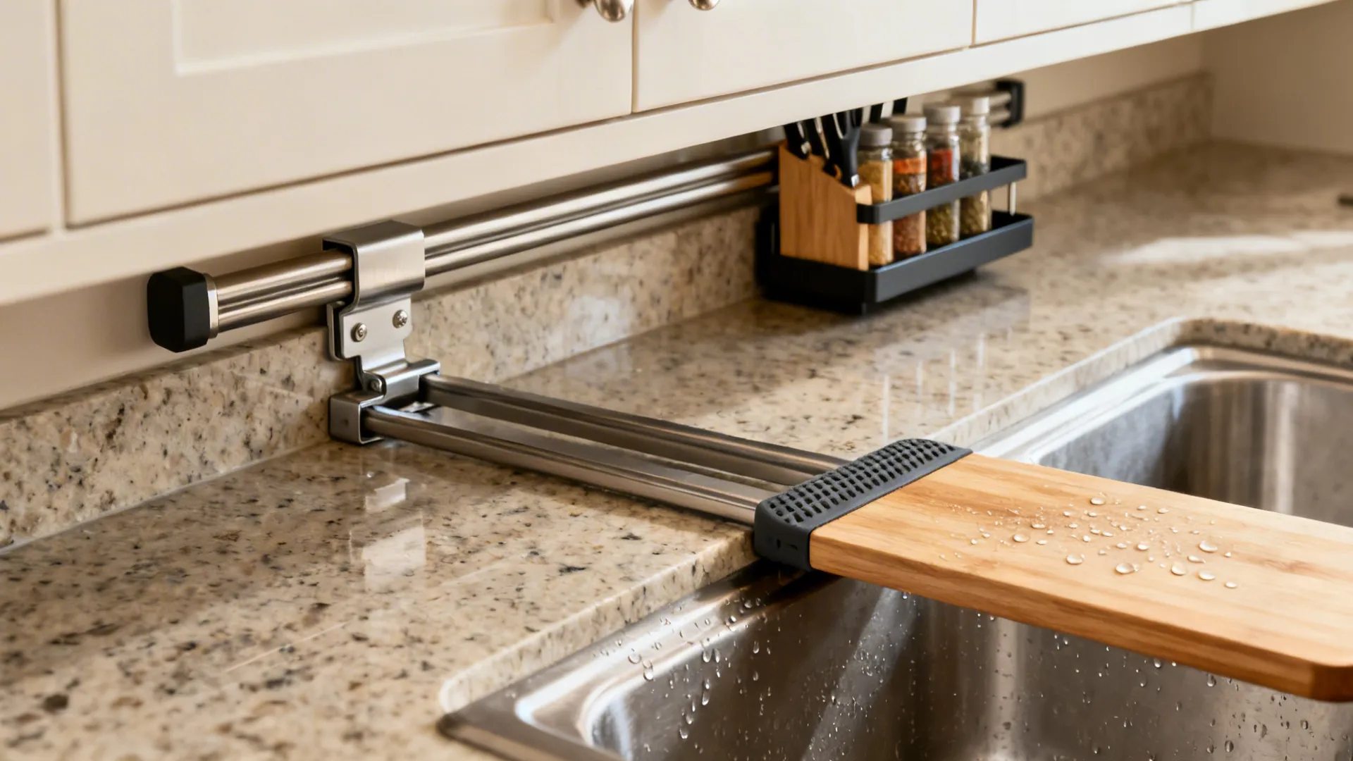 Macro of sturdy kitchen rail with knife block and a sink-bridging cutting board on quartz.