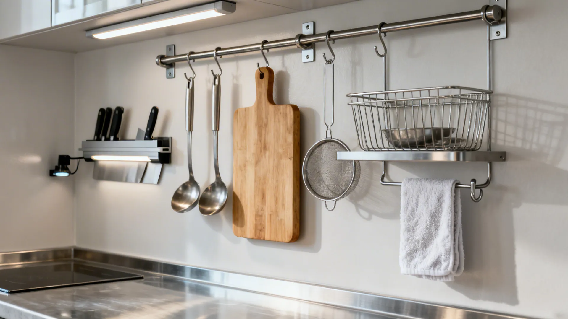 Metal kitchen rail system with hanging ladles wood cutting board wire basket and white towel