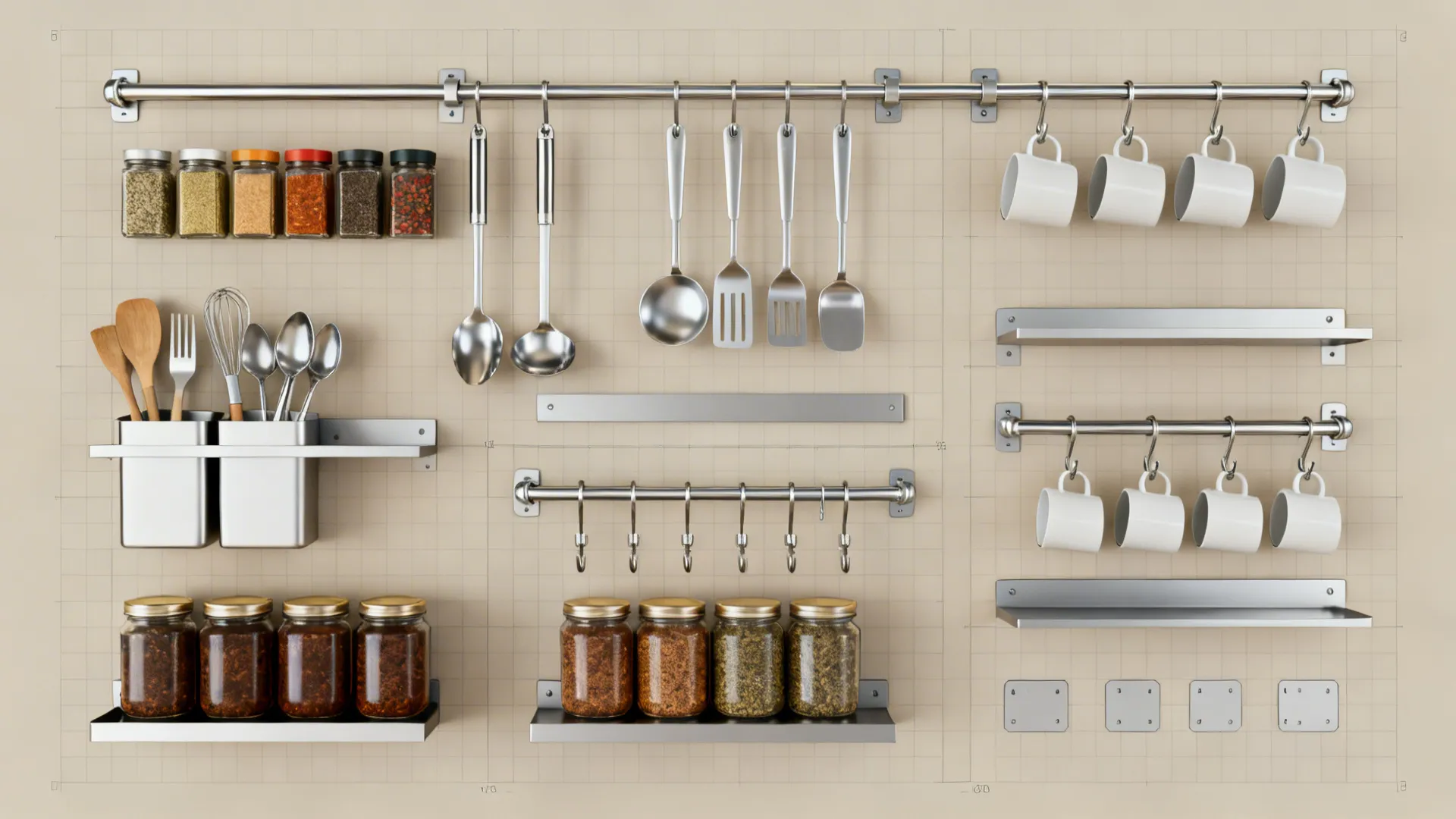 Rail-and-shelf systems for flexible storage