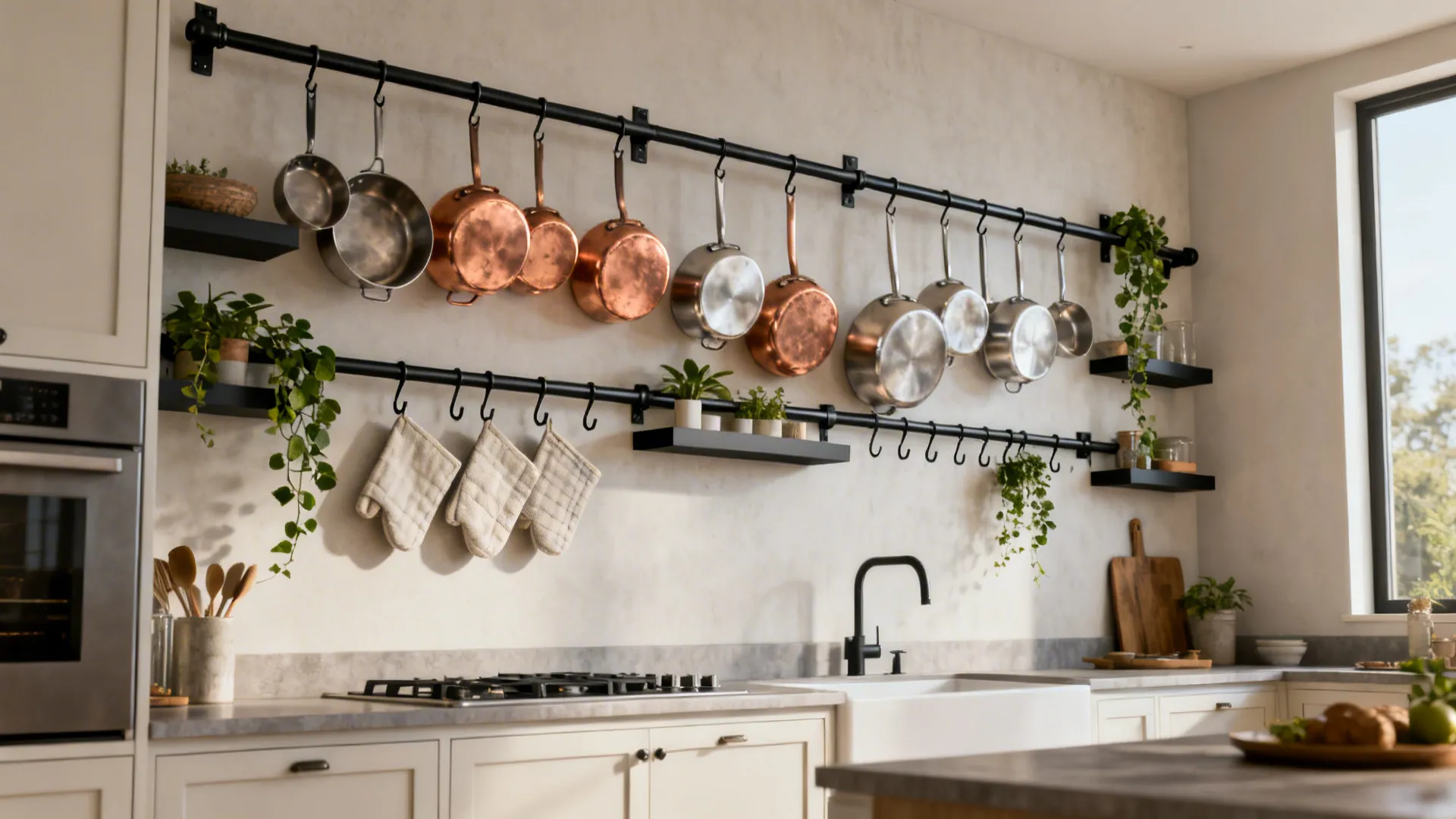 Custom steel kitchen rail system with pot rack, hooks, and shallow shelves styled cohesively.