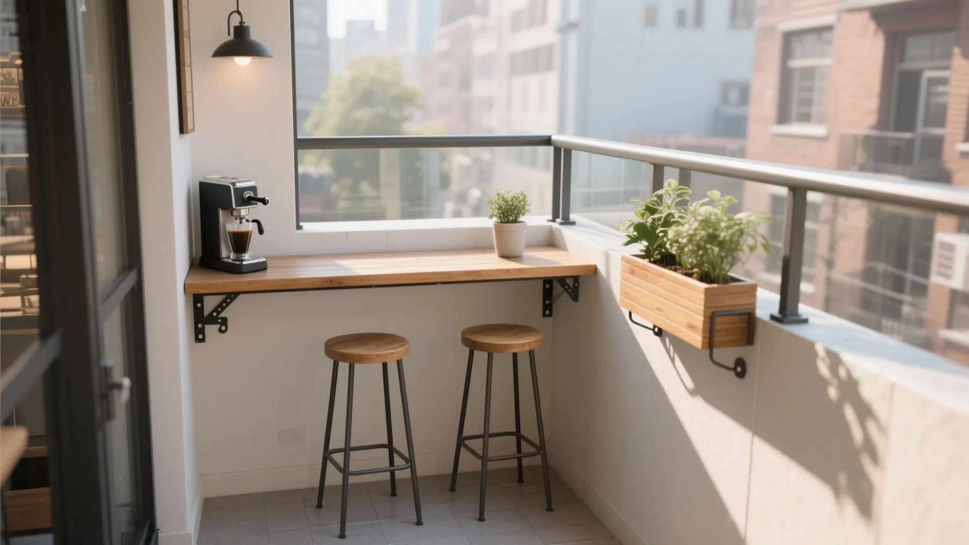 Compact café corner: rail table + slim stools