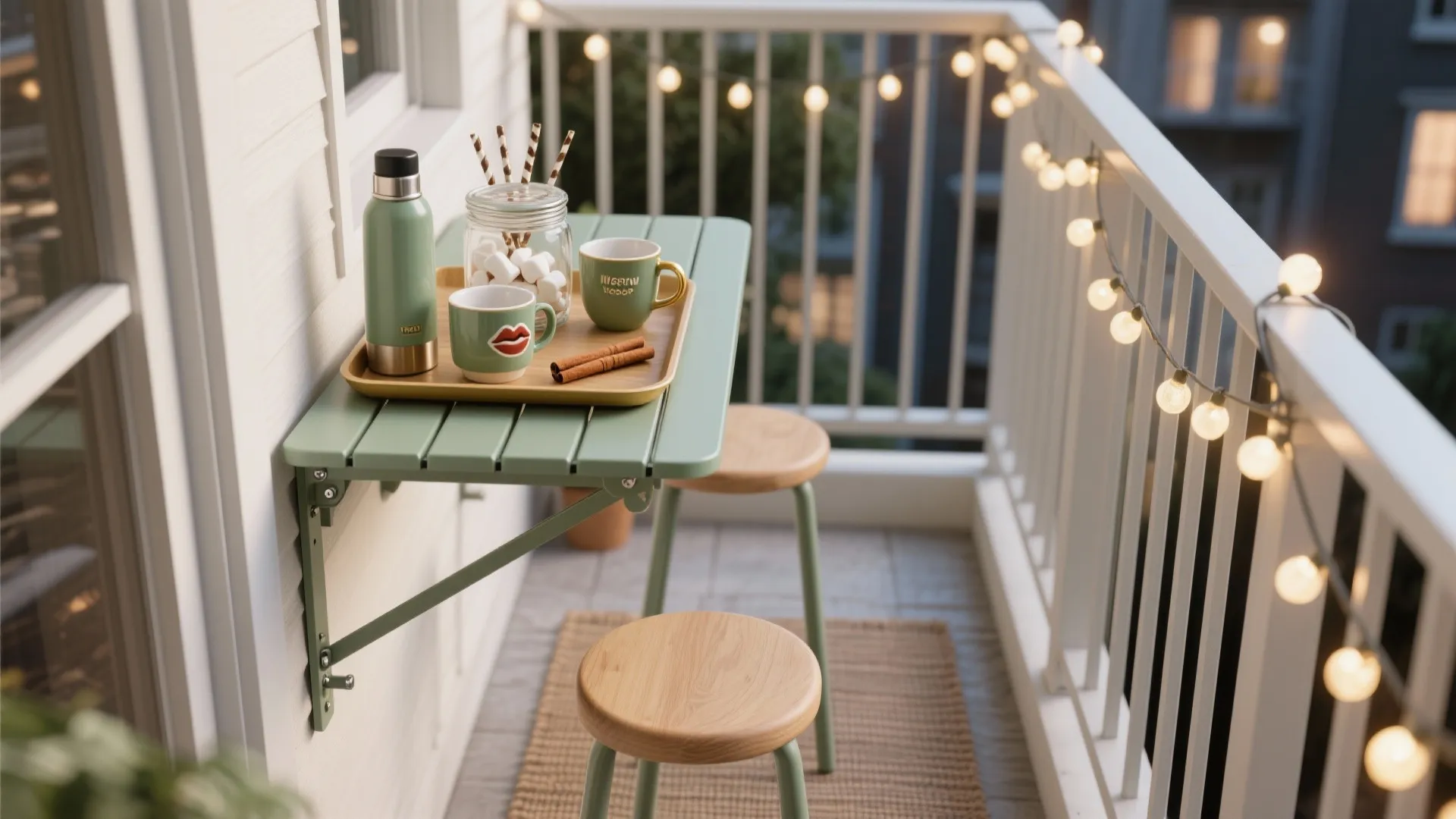 4) A fold-down rail table and a micro hot-cocoa bar