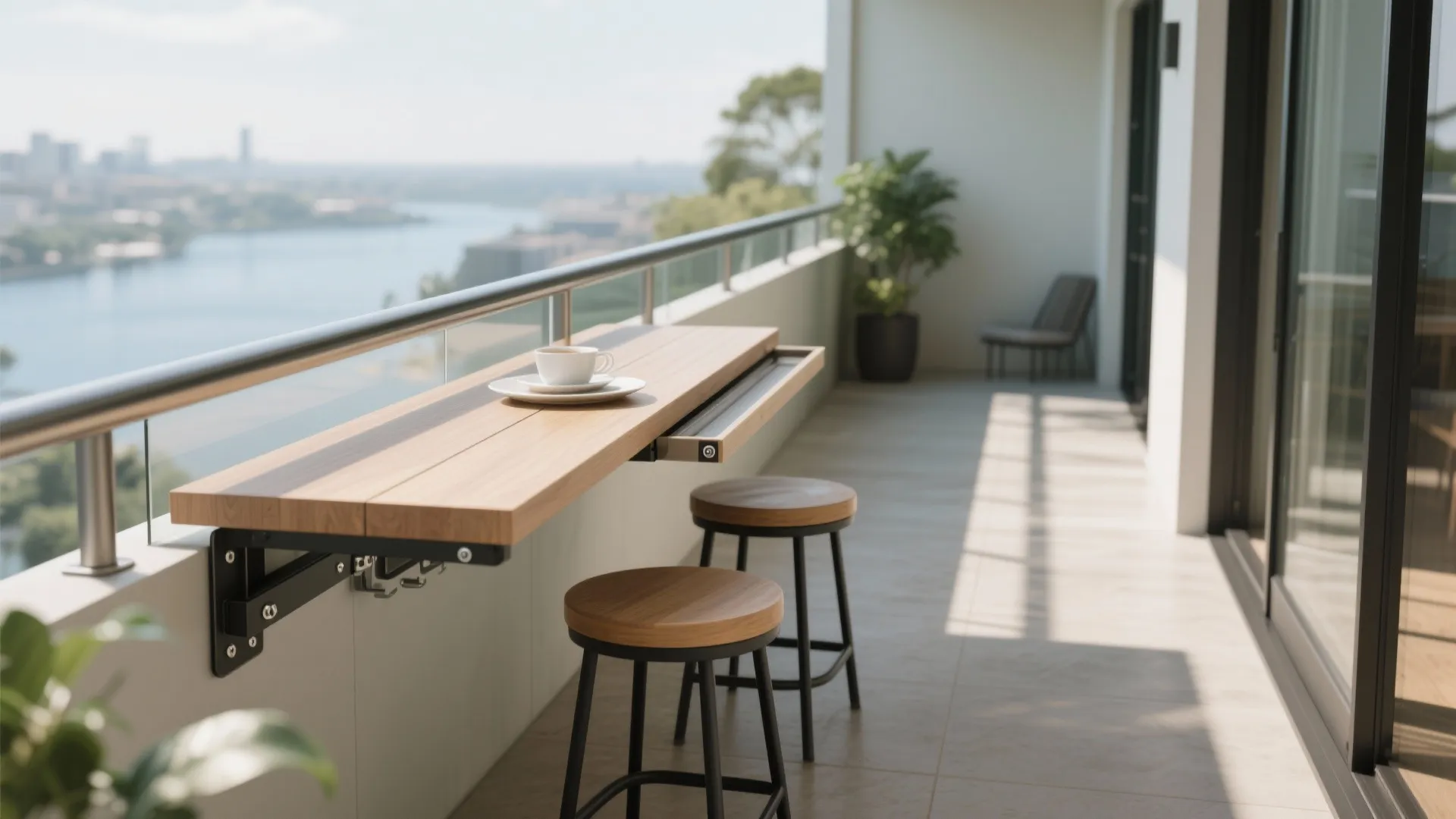 Fold-down rail table and nesting stools