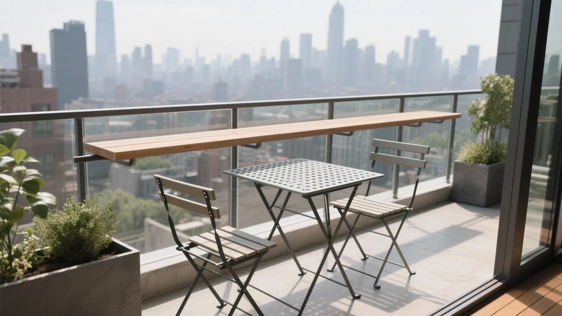 Rail-mounted tables and foldable chairs