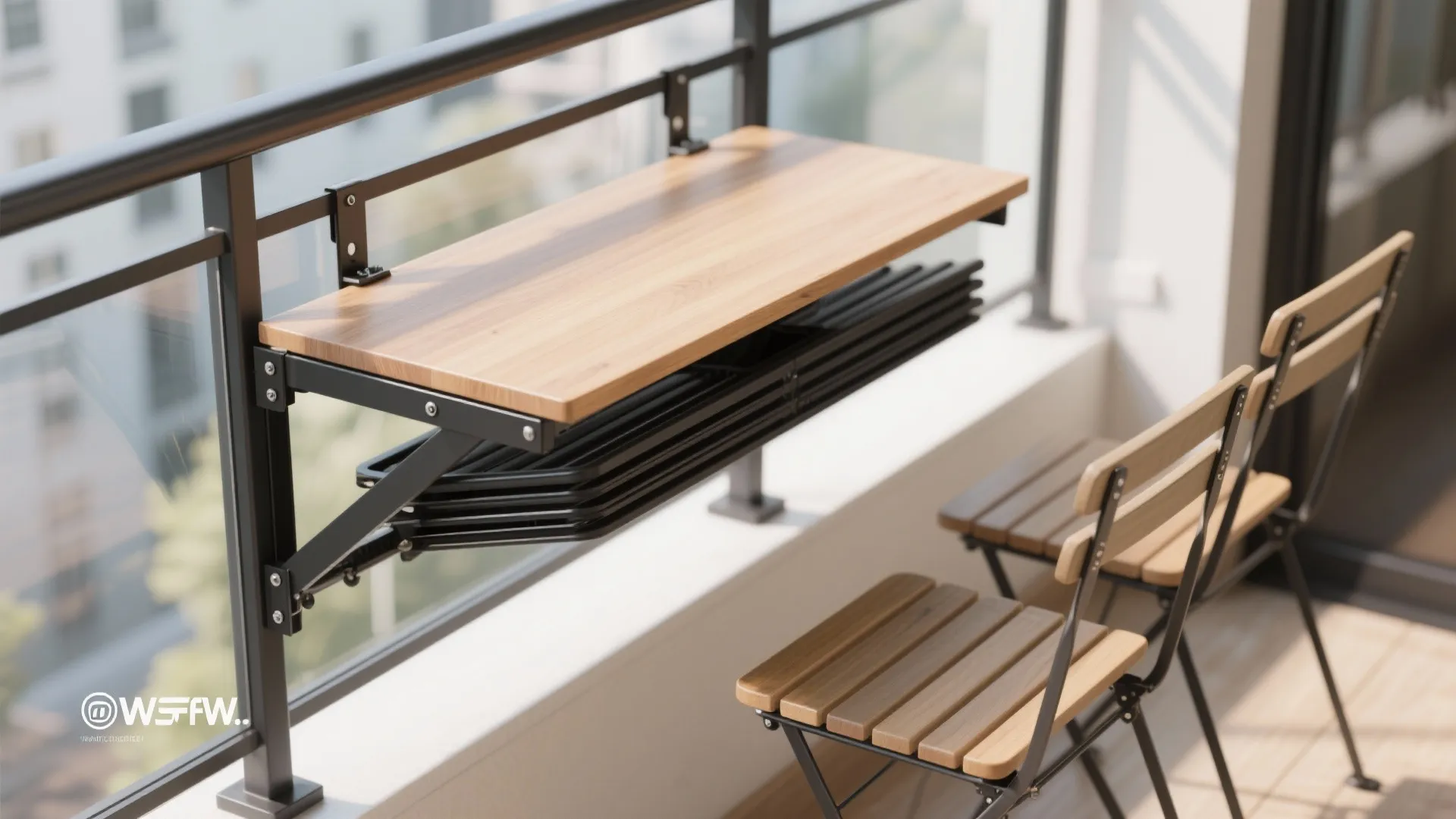 Fold-down rail table with stacking chairs