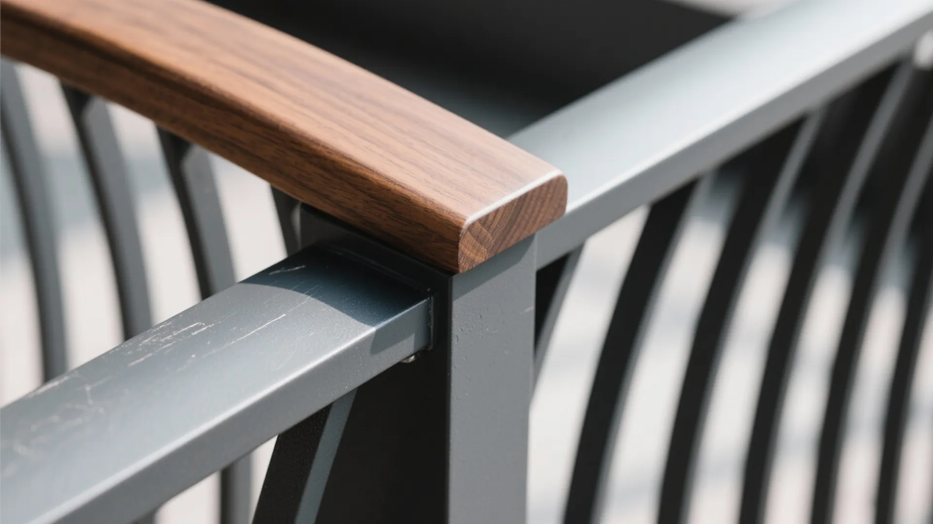Close up detail of a modern metal railing featuring a smooth brown wood top handrail