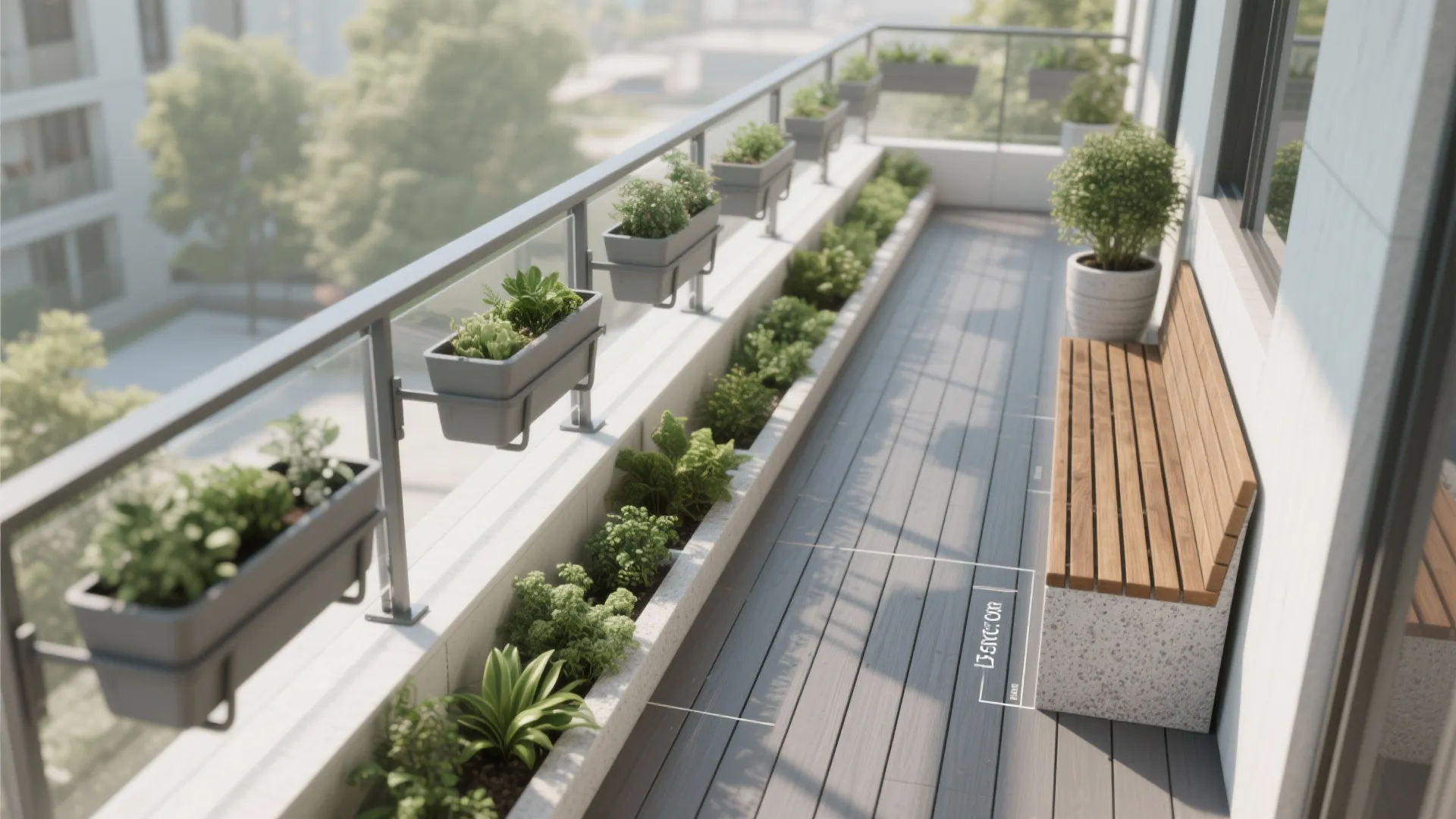 Modern apartment balcony featuring hanging plant boxes on metal railings and a wooden sitting bench
