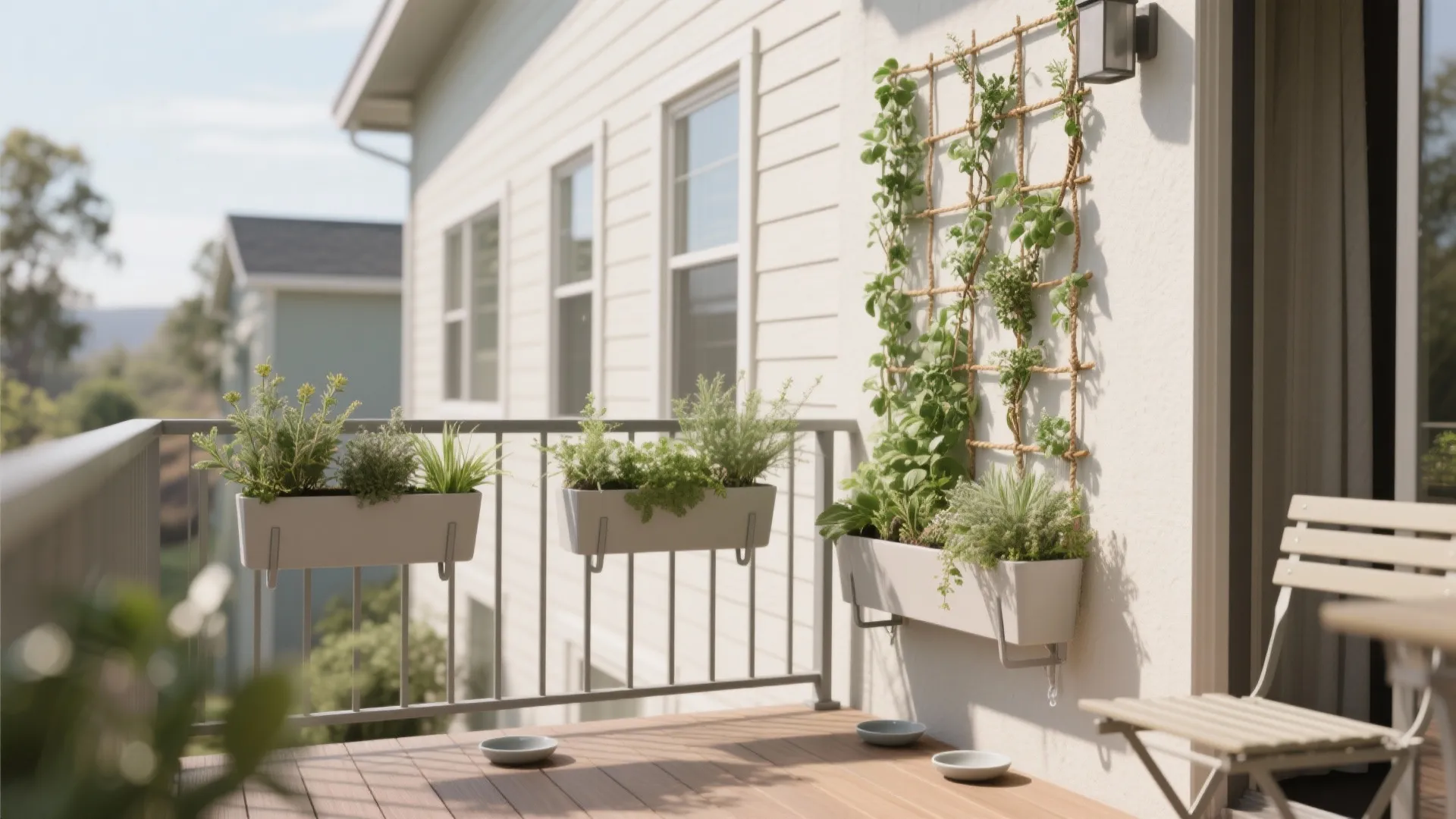 Idea 1: Grow Up, Not Out—Rail Planters + Slim Trellis