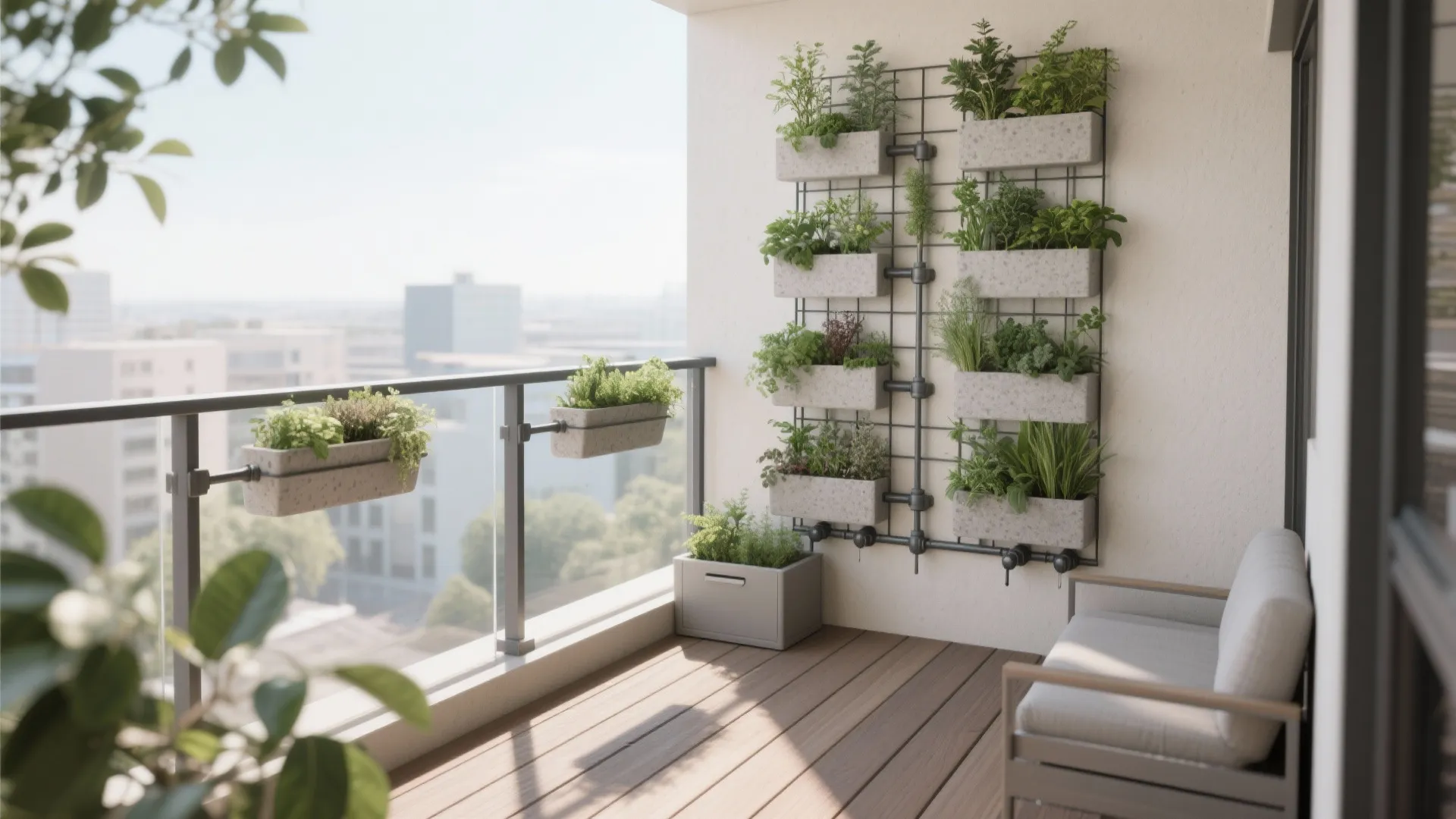 Modern balcony featuring vertical wall garden with multiple green plants and small sofa with cushion