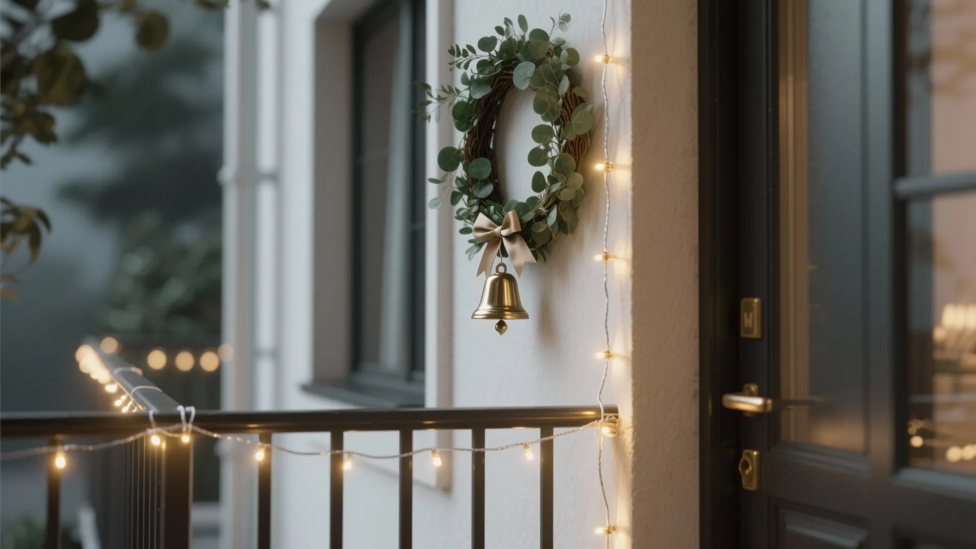 Outdoor balcony decorated with green leaf wreath golden bell string lights and dark front door view