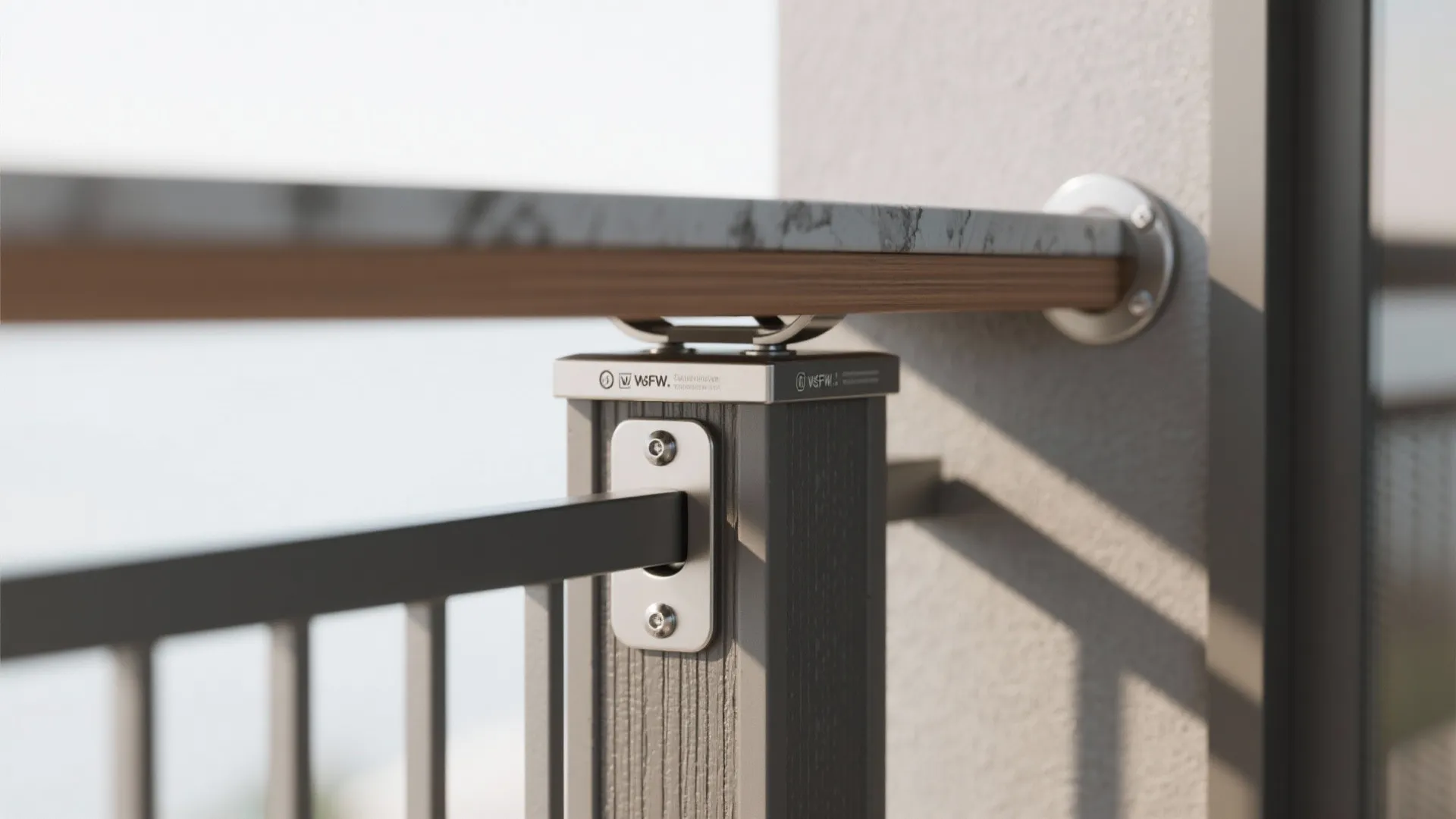 Modern balcony railing detail with marble top shelf and dark grey metal post attachment design