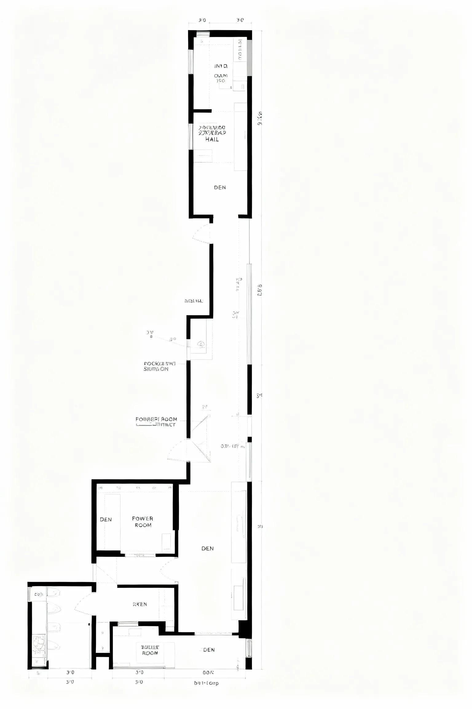 Long narrow house layout showing different rooms including a power room and multiple den areas clearly
