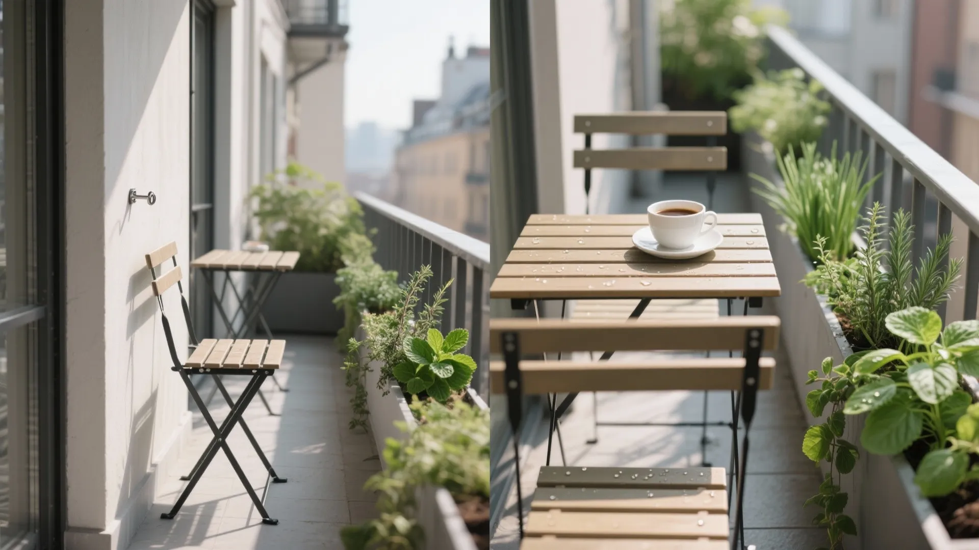 Small apartment balcony with wooden folding table chair green plants and white cup of coffee