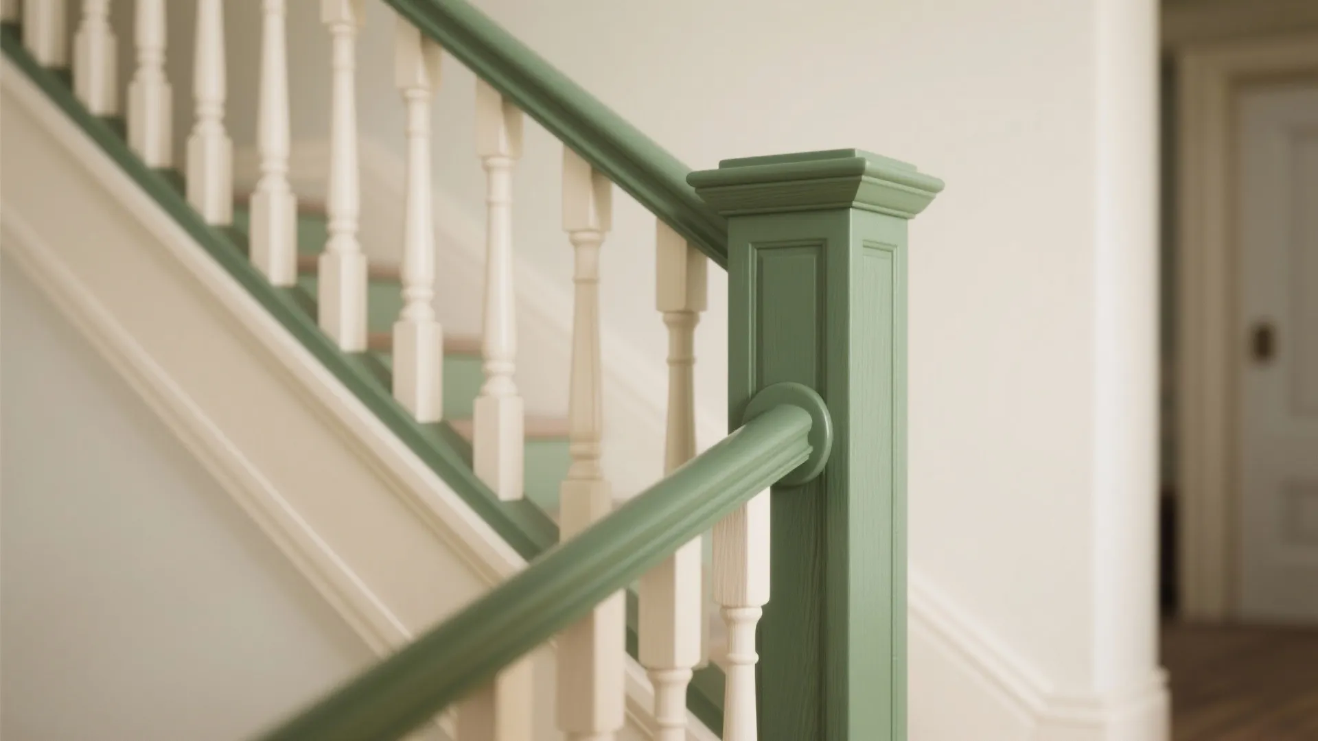 Close up of a green painted wooden stair railing with white supports and neutral walls