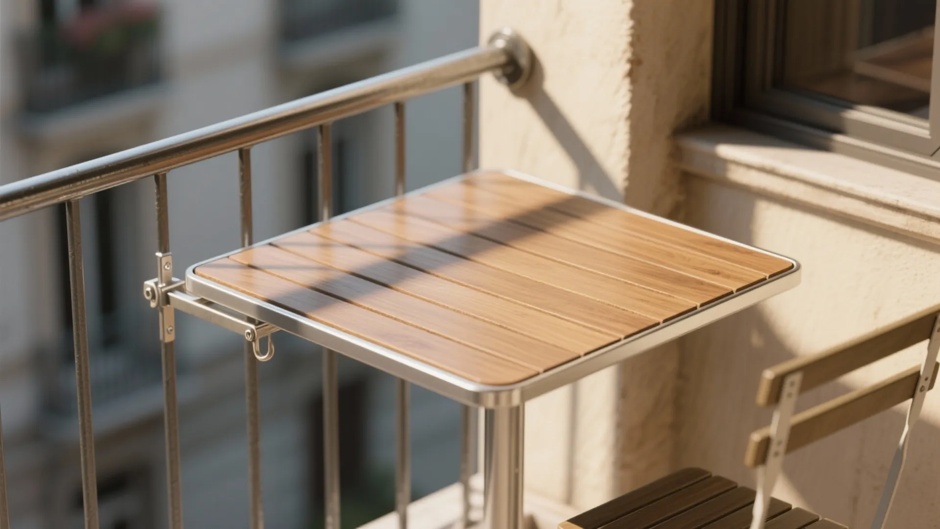 Close-up of a railing-mounted table and triangular corner bistro table on a compact balcony