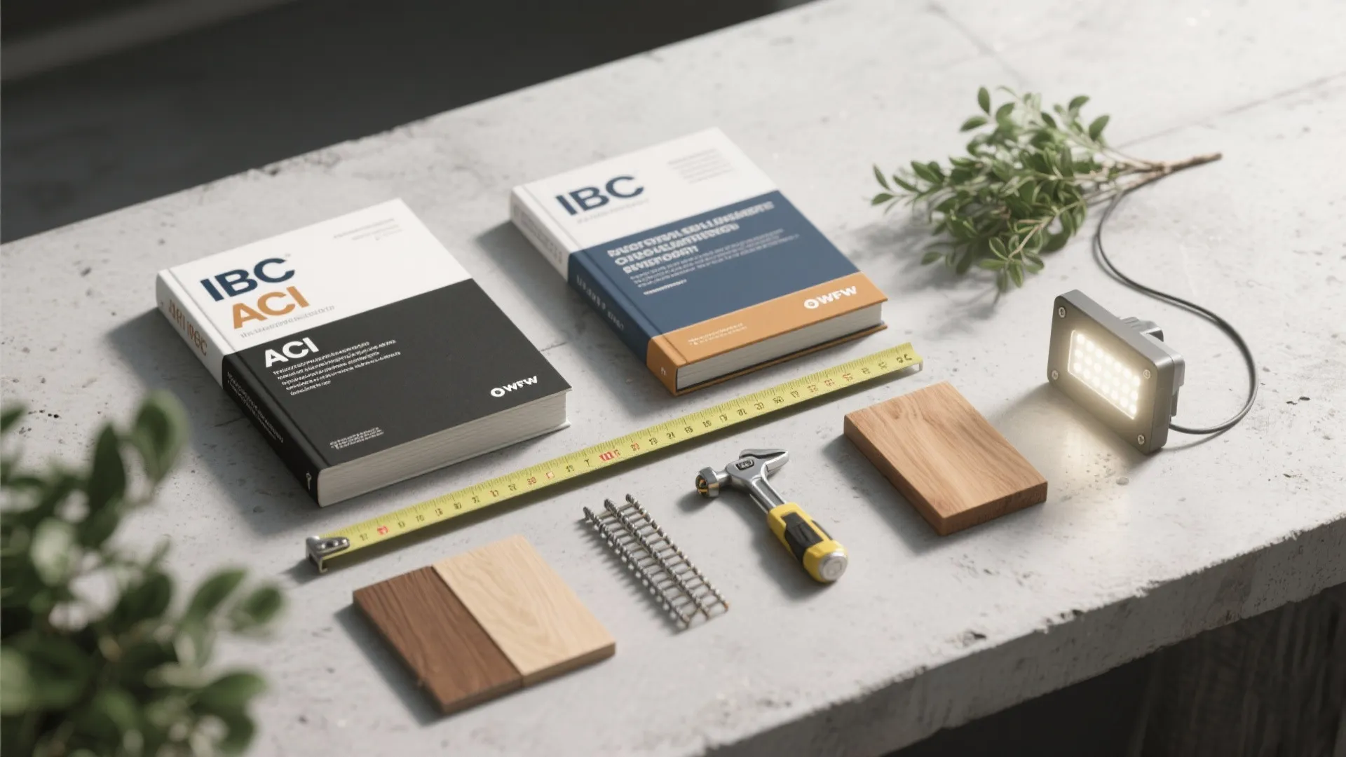 Construction manuals with measuring tape hammer wood samples and small light fixture on grey table surface