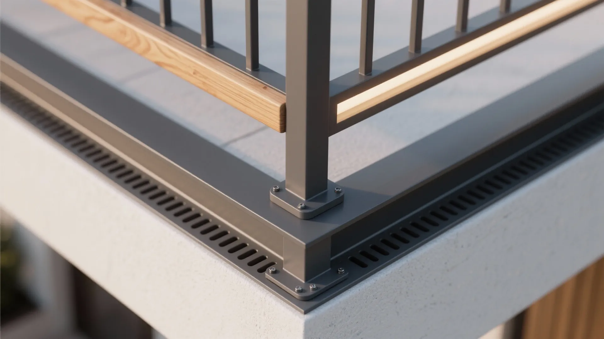 Macro of wood handrail, powder-coated post, and concealed LED diffuser detail.