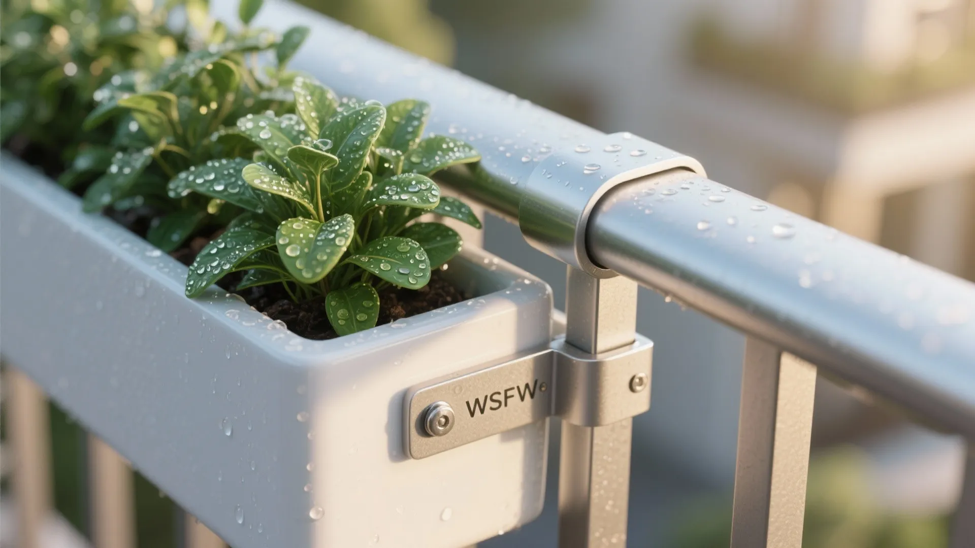 Macro detail of a slim railing planter bracket on a powder-coated balcony rail.