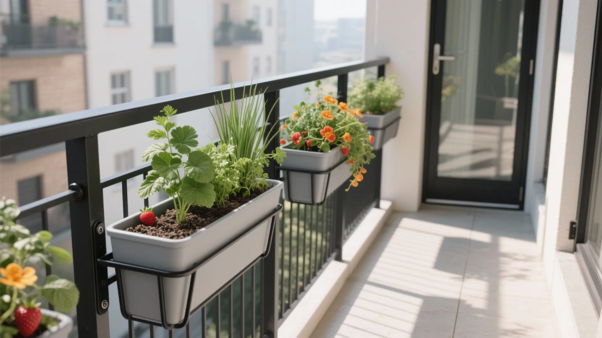 Modern balcony railing with grey hanging boxes filled with green plants and small red strawberries