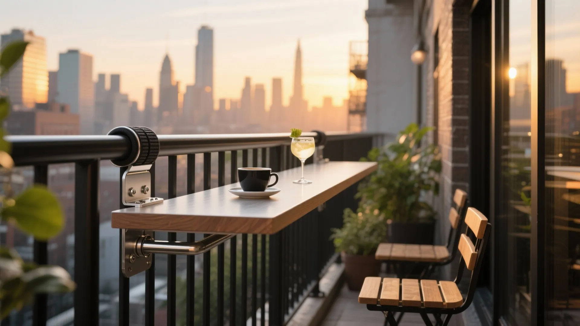Balcony railing table with coffee and drinks overlooking a city skyline during a warm sunset