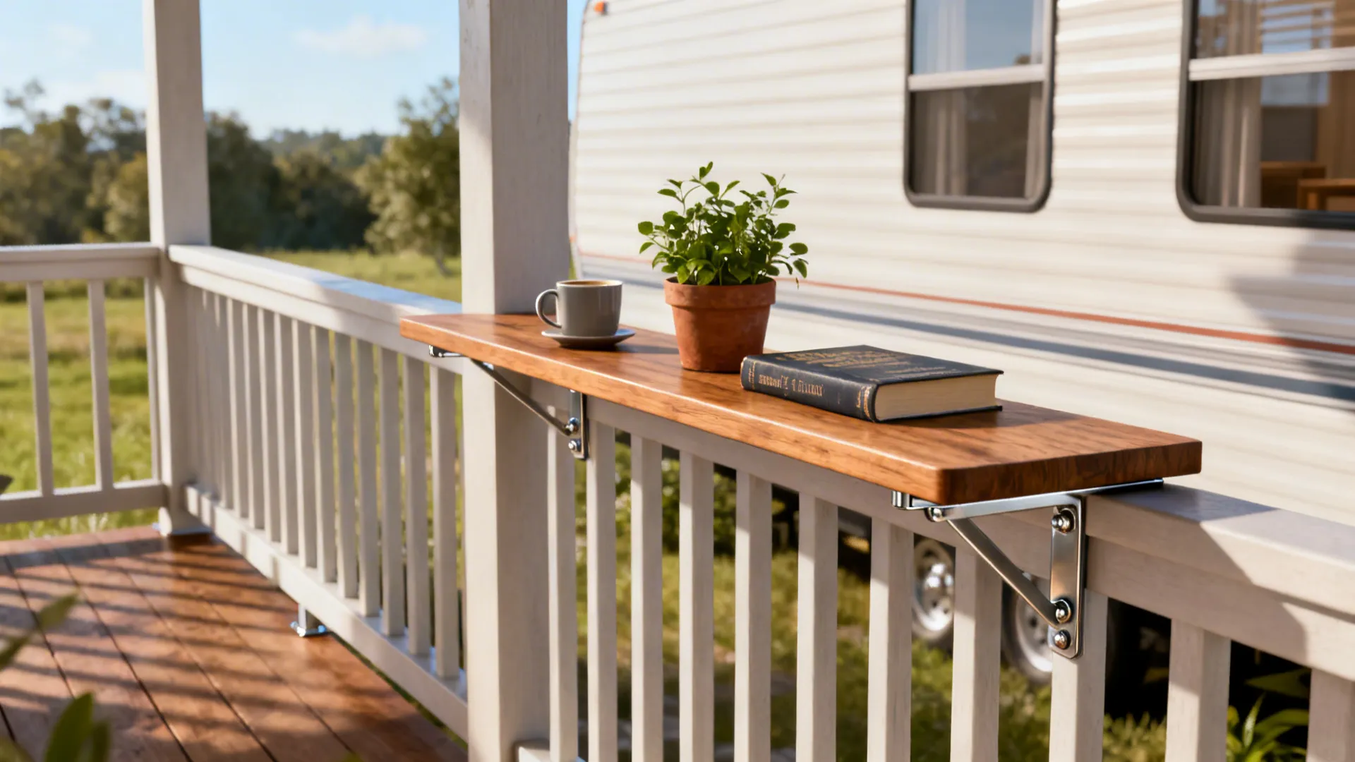 Narrow multi-functional railing shelf on a mobile home porch used as a coffee bar and plant shelf