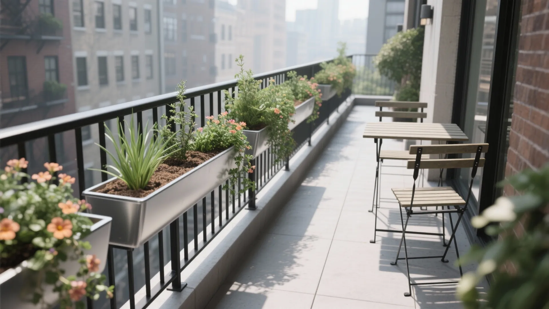 Slim railing-mounted aluminum trough planters with herbs and trailing flowers on a narrow balcony.