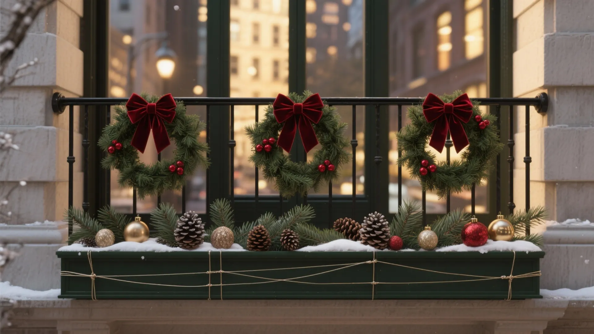 Railing Showcase: Wreaths, Bows, and Winter Planter Boxes