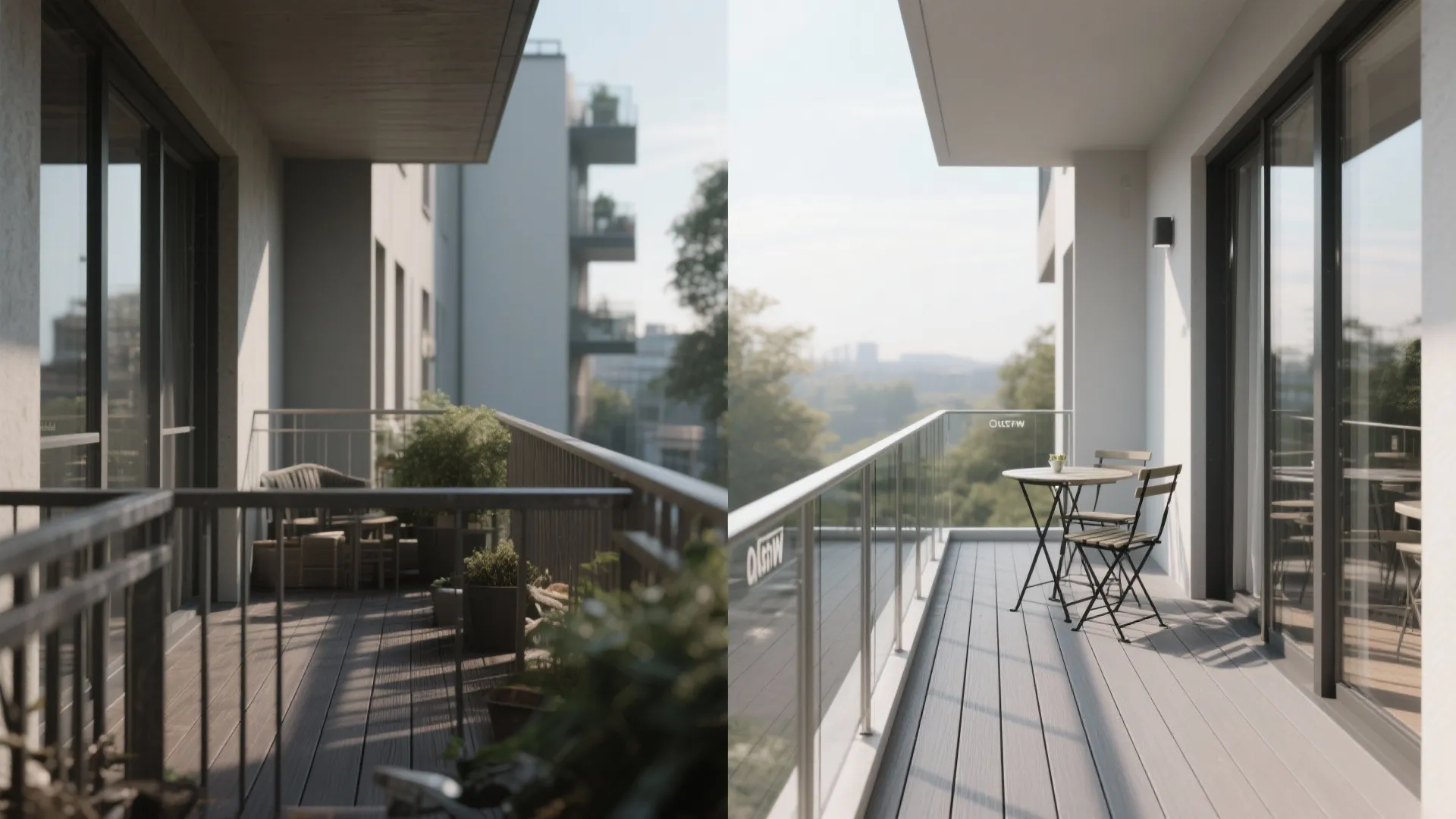 Before-and-after comparison of a cluttered dark balcony versus a clean modern balcony with glass railings