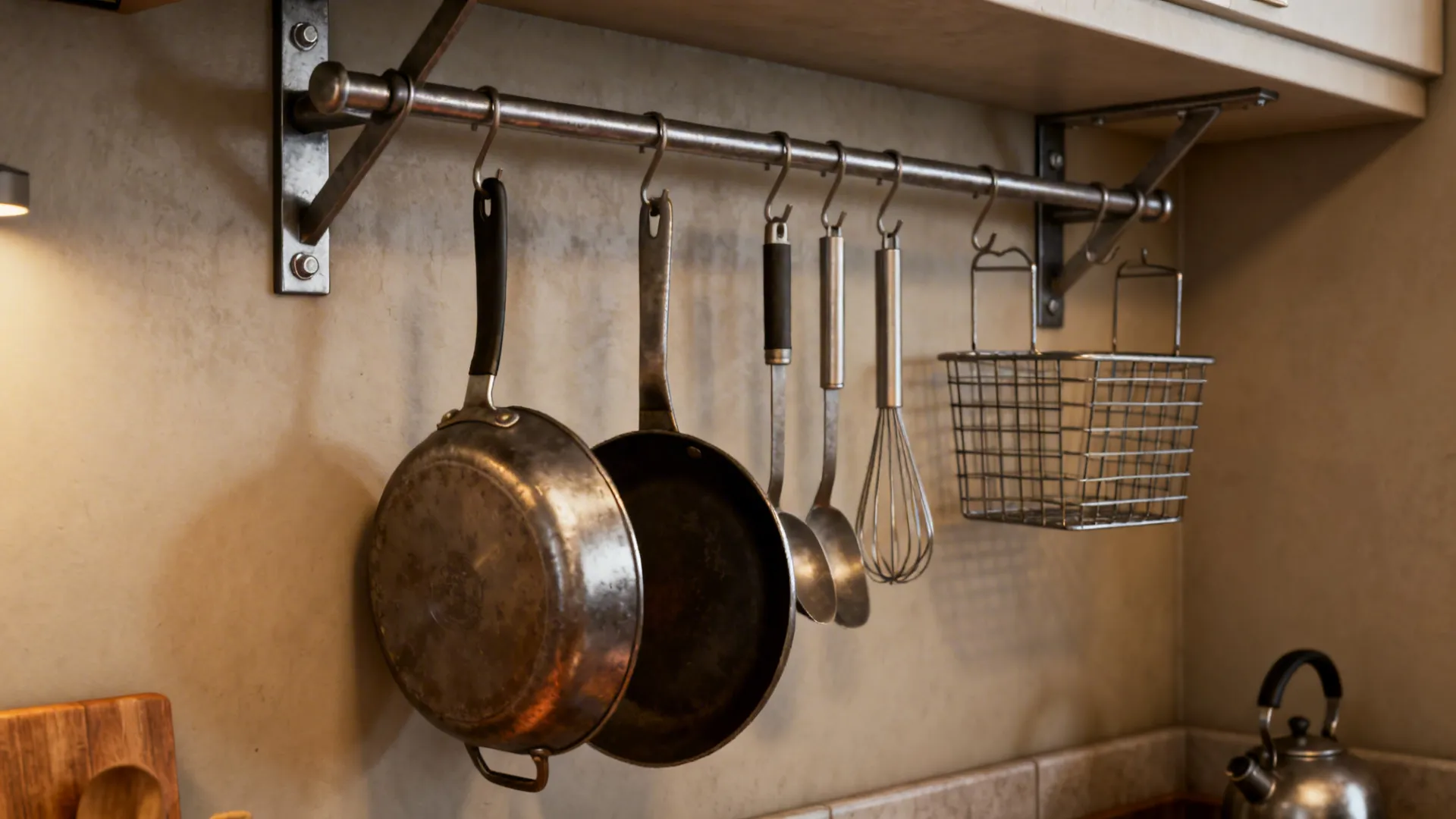 Wall-mounted rail with hanging pans, utensils and small baskets anchored to studs.