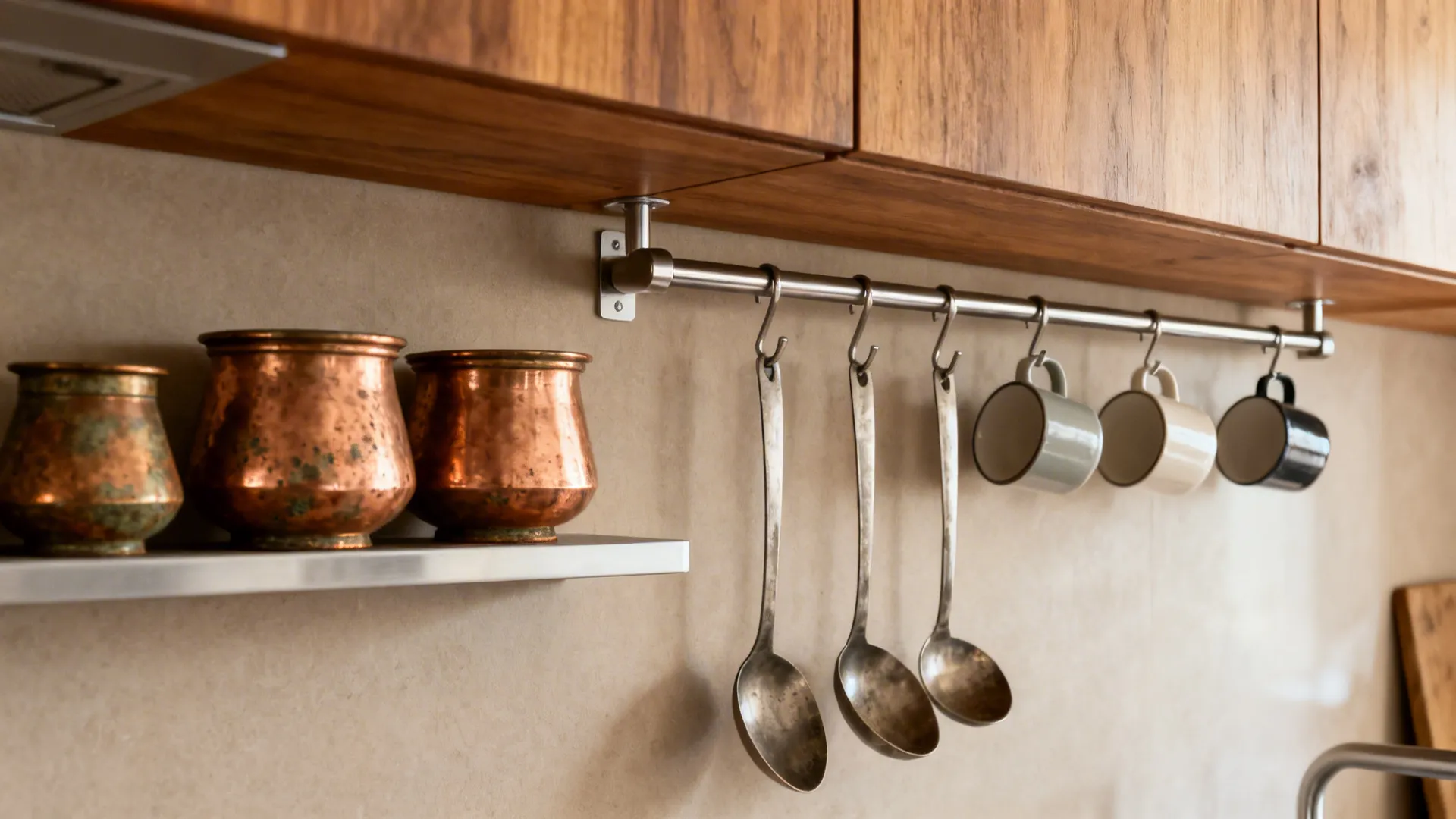 Functional Decor: Rails, Hooks, and Copper Highlights