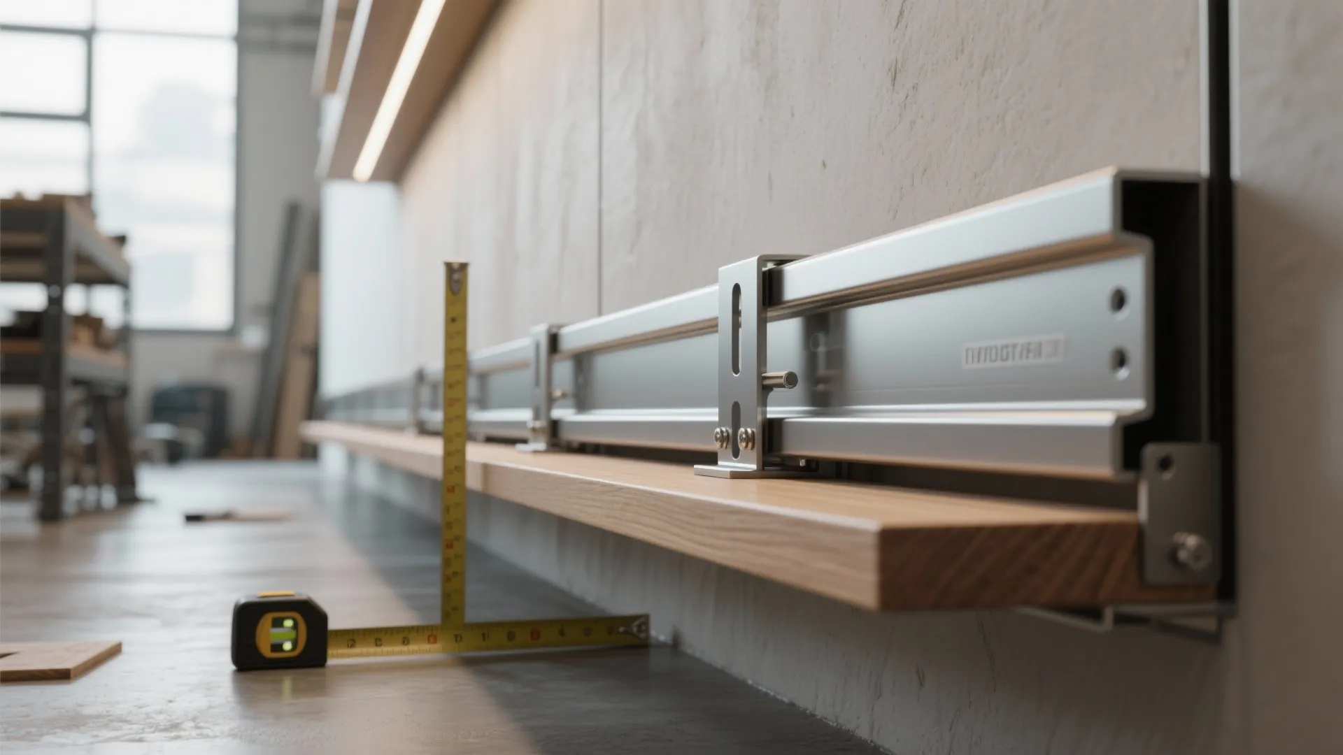Metal wall rails being installed with wooden shelf and yellow tape measure in a bright room