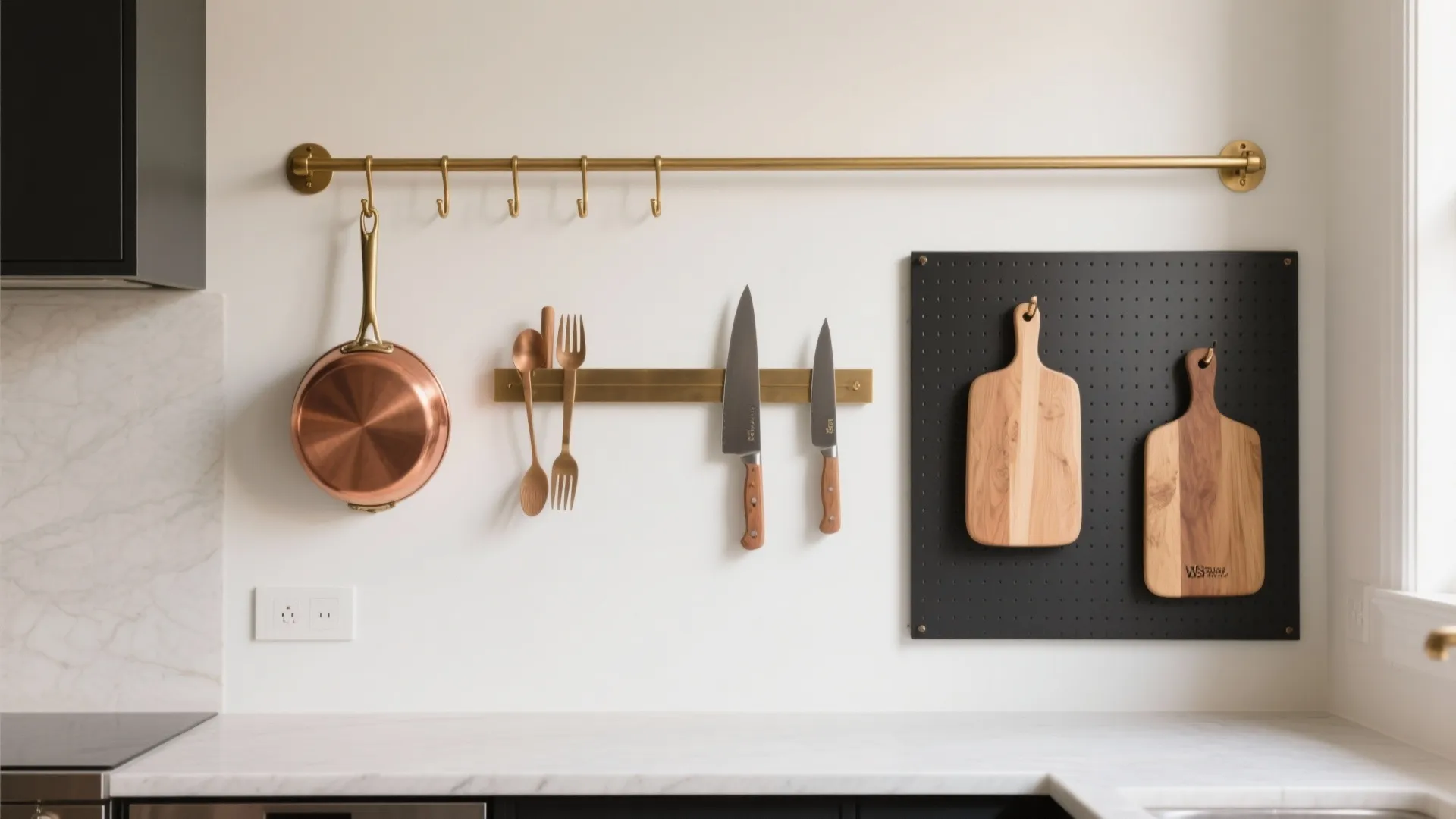Curated kitchen wall with slim rail, brass hooks, one copper pan, magnetic strip, and a neat pegboard