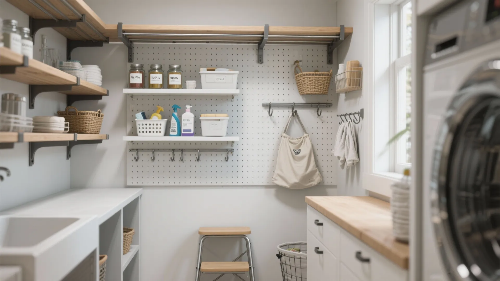 Idea 2: Ceiling-high rails + a pegboard utility wall