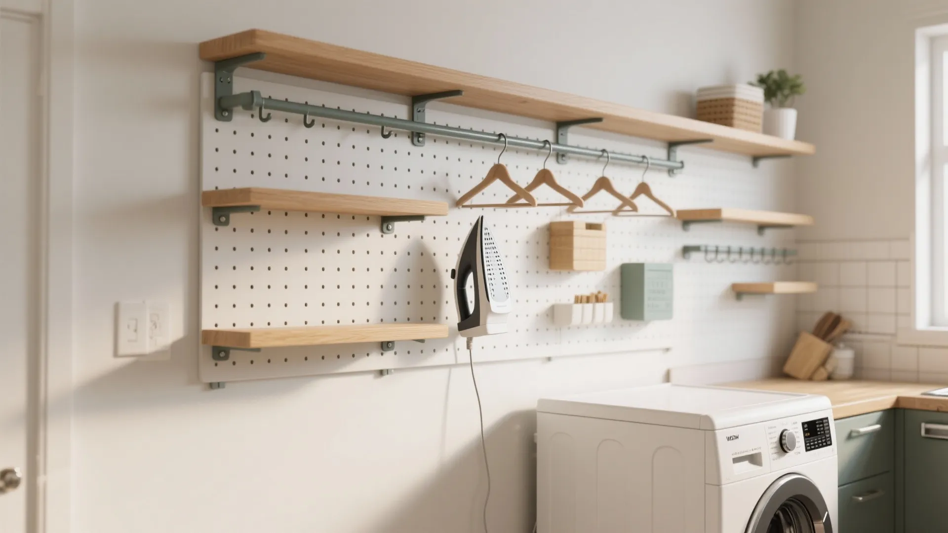 Laundry room wall with white pegboard wooden shelves hanging iron clothes hangers and washing machine