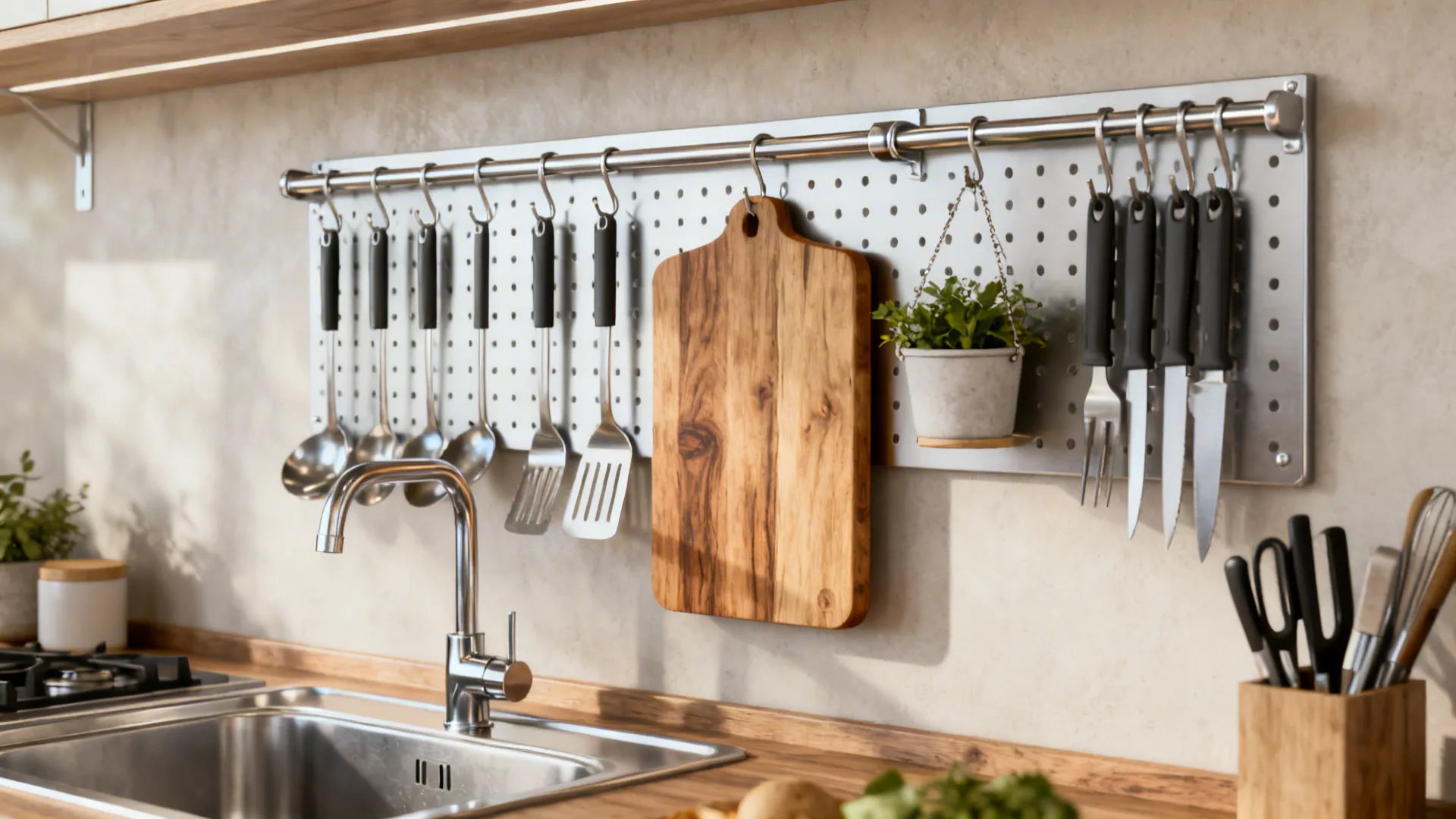 Stainless hanging rail and pegboard above sink with utensils and small planter