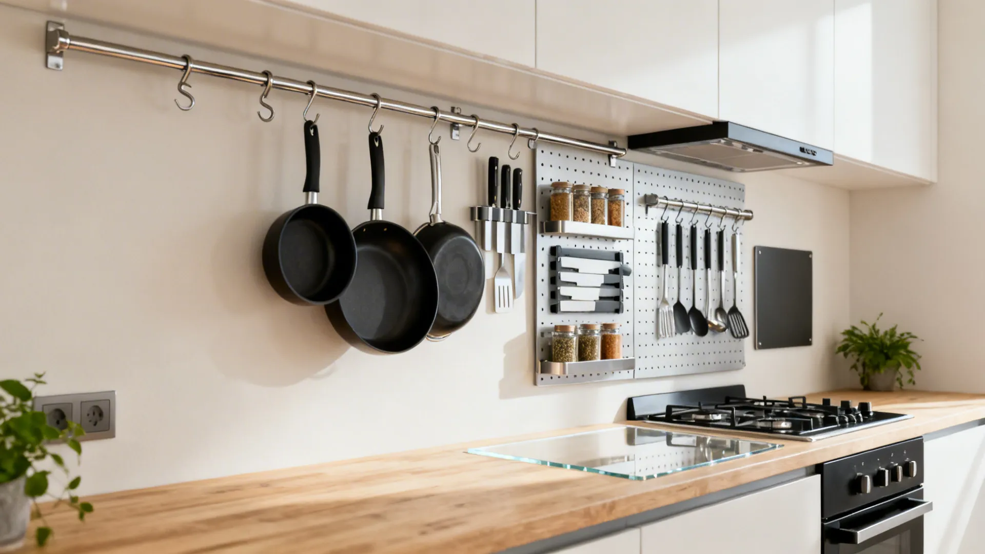 Vertical rails and pegboard organize utensils and spices, clearing a small kitchen counter.