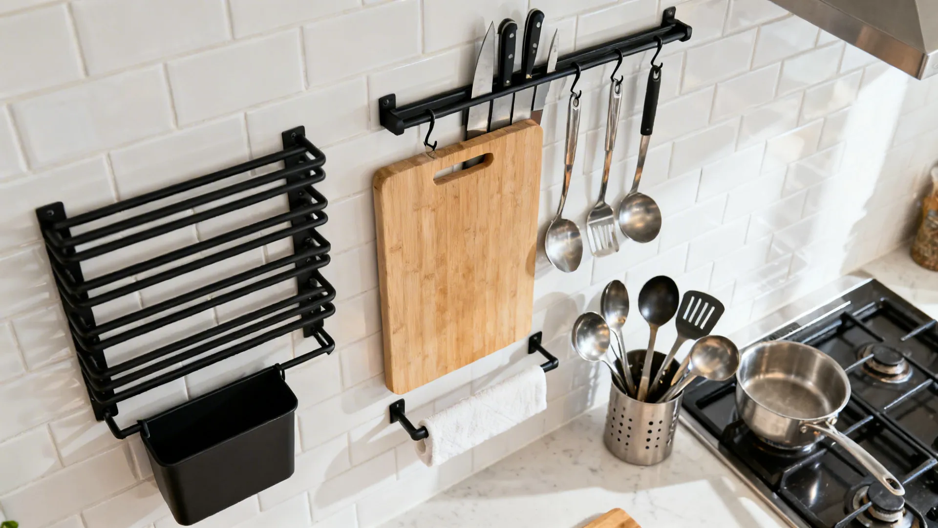 Top-down view of rail systems and a magnetic knife strip zoned for prep and cooking in a tiny kitchen.