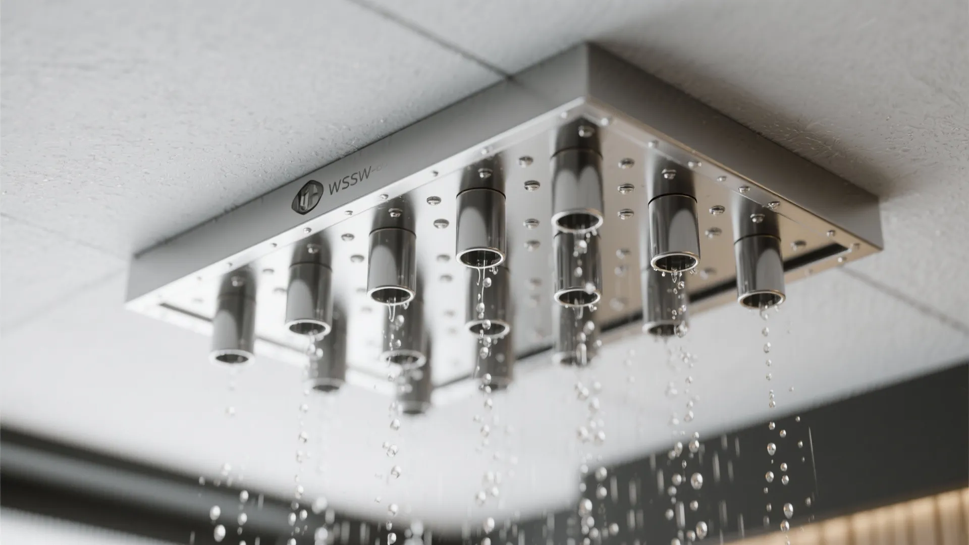 Macro detail of a ceiling rain panel with anti-drip nozzle tips in brushed stainless steel.