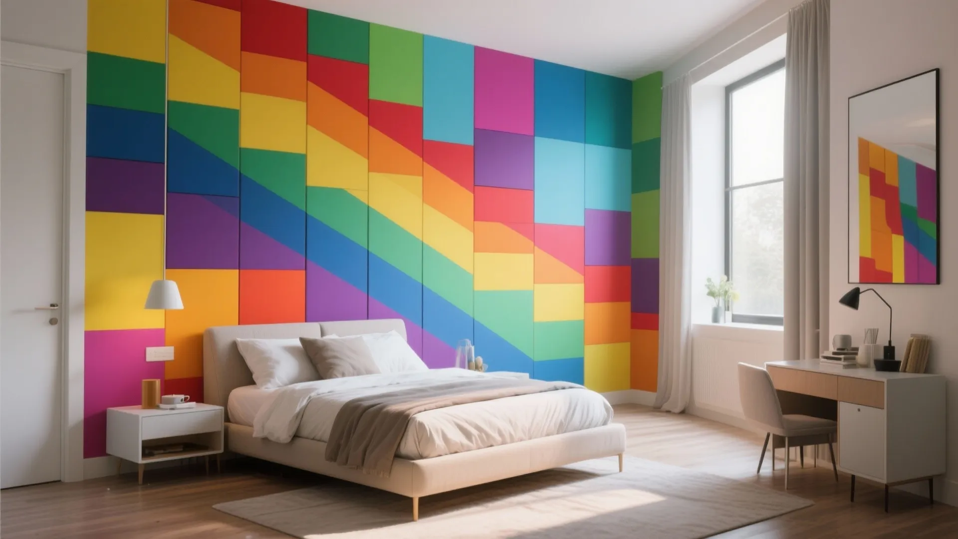 Bedroom with geometric rainbow accent wall and neutral furniture