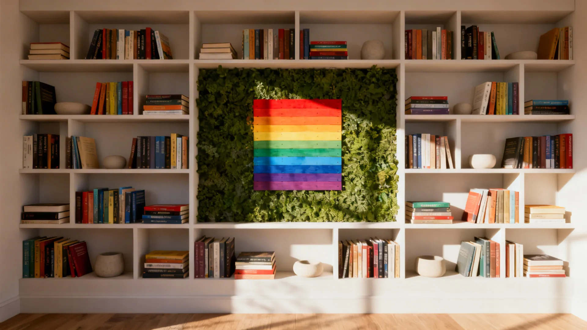 Shelves with rainbow-arranged book spines, 60% fill, and balanced negative space under soft daylight.
